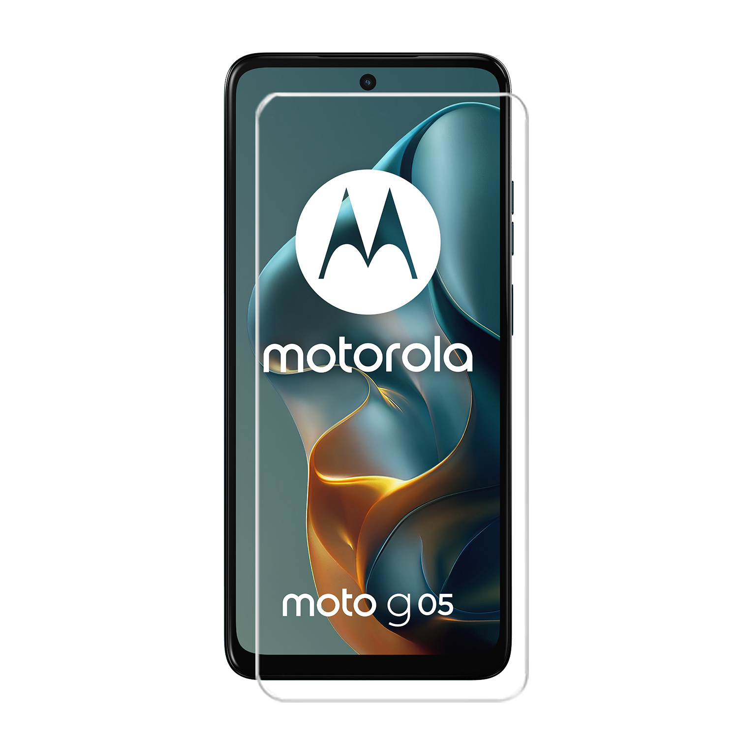 Een smartphone met een screenprotector, met het Motorola-logo en de tekst Moto g05.