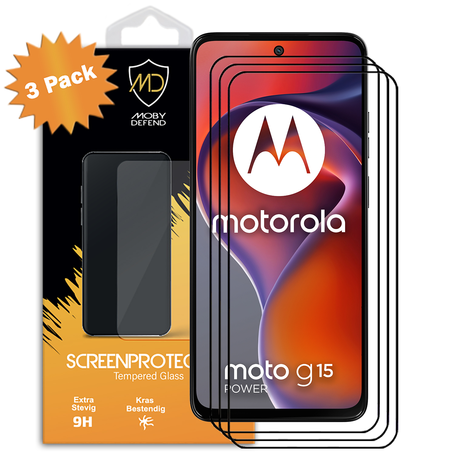 Motorola Moto G15 Power schermbeschermer verpakking. De telefoon staat rechts, met de schermbeschermers.