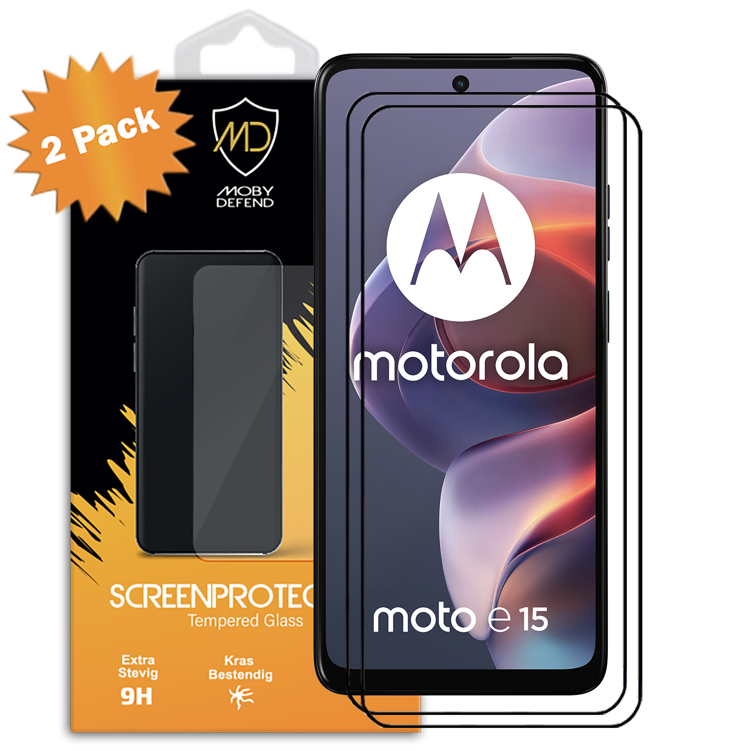 Protecteurs d'écran Motorola moto e15 dans un emballage, avec image du téléphone et texte : Protection d'écran.