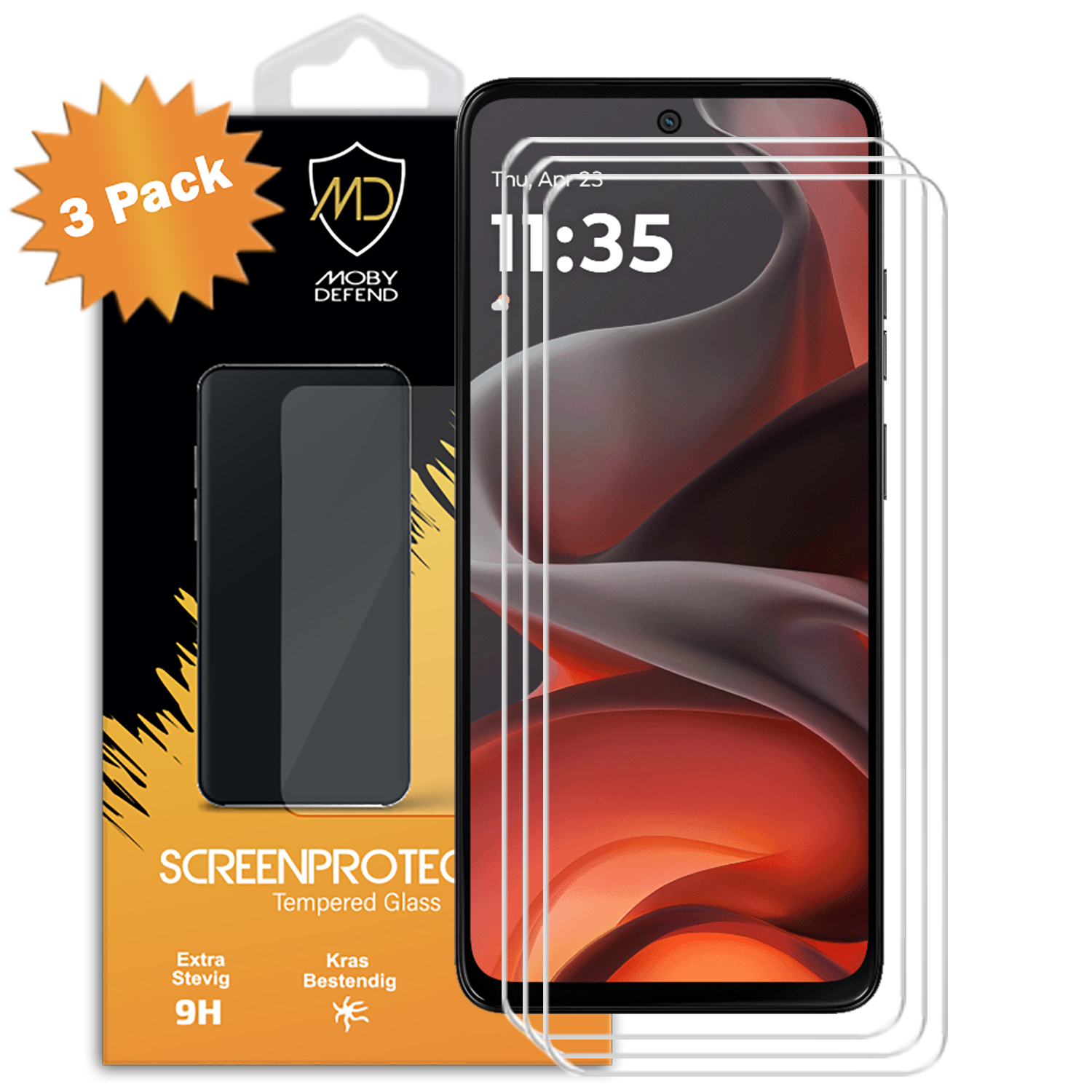 3-pack schermbeschermers voor een telefoon, met verpakking die het product toont.