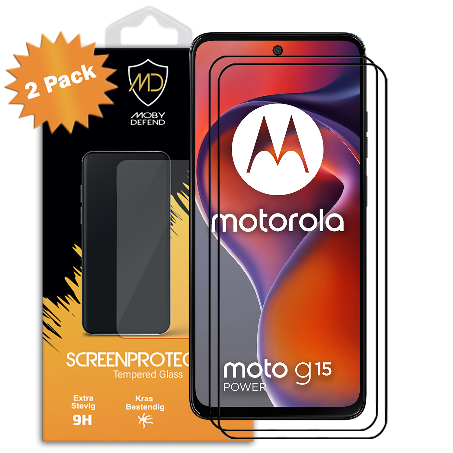 Deux protecteurs d'écran pour un téléphone Motorola, emballés. Montre l'écran du téléphone avec le logo et le texte.