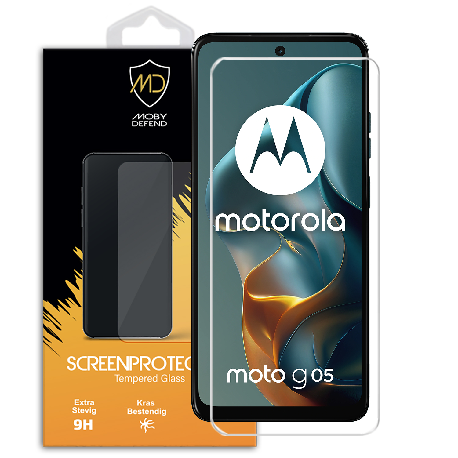 Telefoonschermbeschermer in een verpakking met het Motorola-logo en 'moto g05'.
