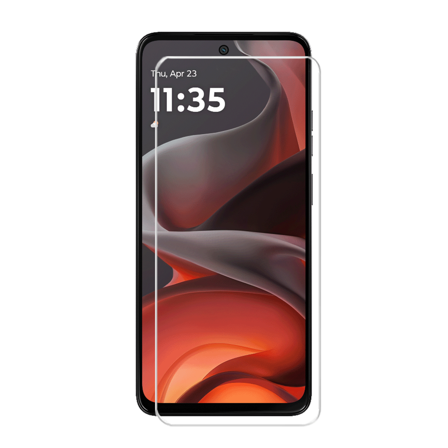 Een telefoon met een schermbeschermer geïnstalleerd, met een rode achtergrond en een klok die 11:35 weergeeft.