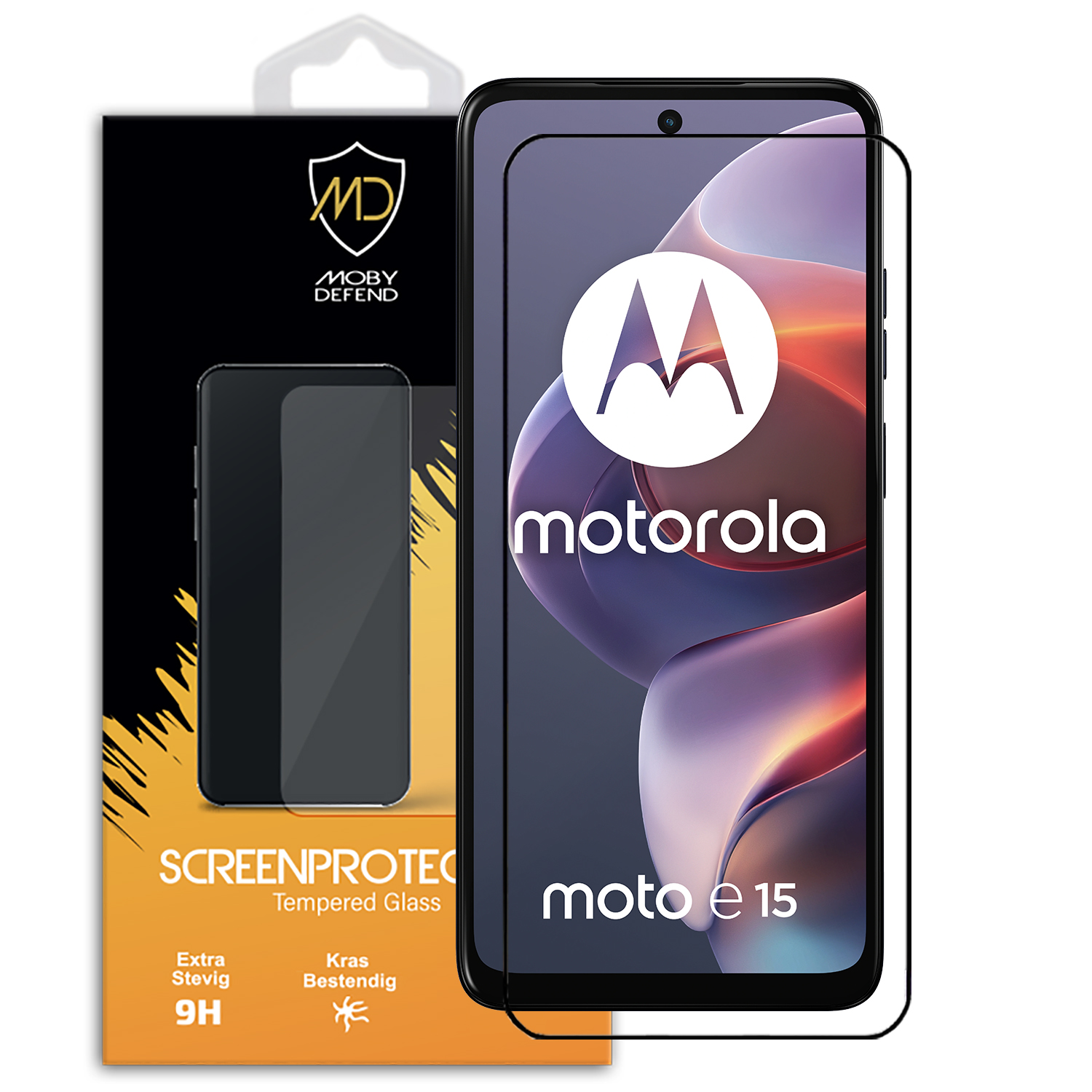 Emballage protecteur d'écran Motorola moto e15 avec téléphone et protecteur.