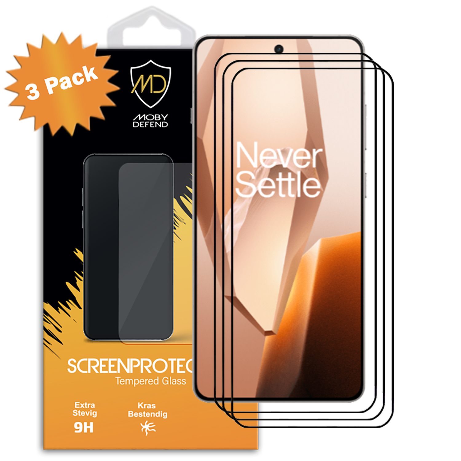 Trois protections d'écran de téléphone devant un téléphone. Emballage avec nom de marque à gauche.