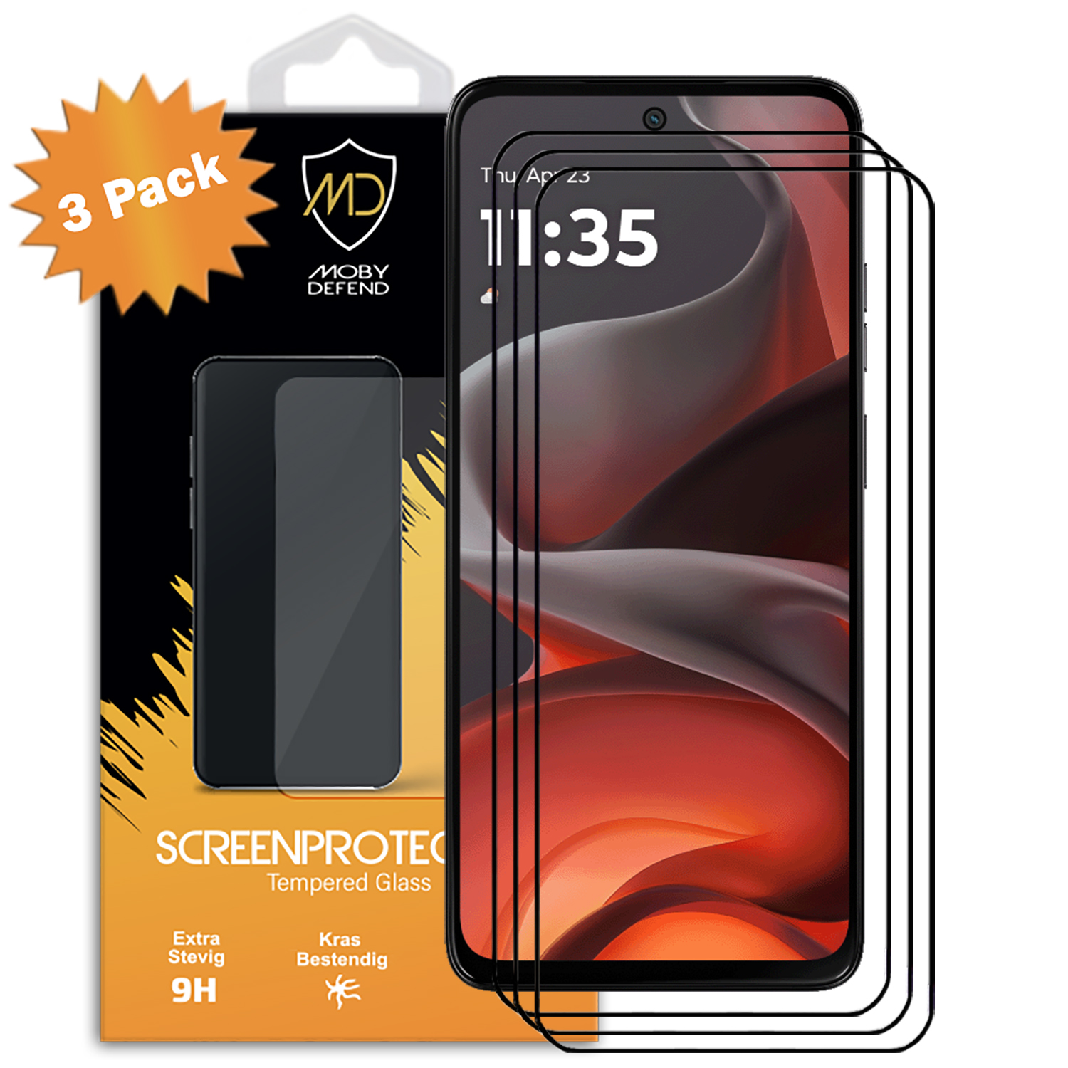 Un pack de 3 protecteurs d'écran pour un téléphone, montrant l'image du téléphone sur l'emballage.
