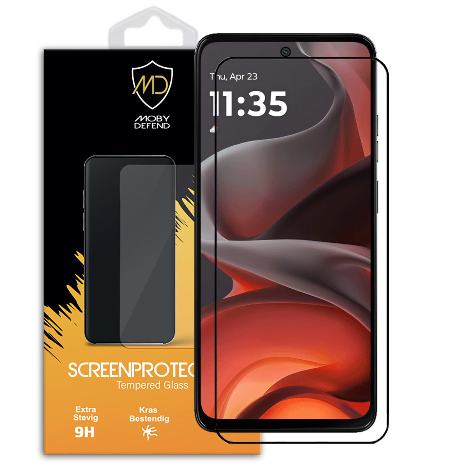 Telefoon met schermbeschermer in de doos. Het scherm toont de tijd en een vage abstracte achtergrond.