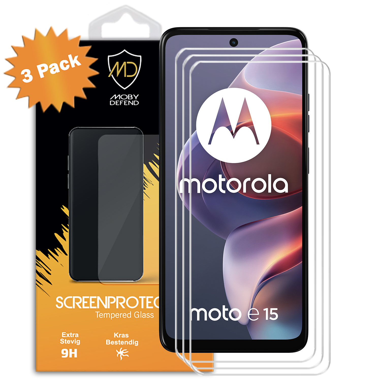Pack de protection d'écran Motorola Moto e15. Le téléphone est à droite, avec les protections.
