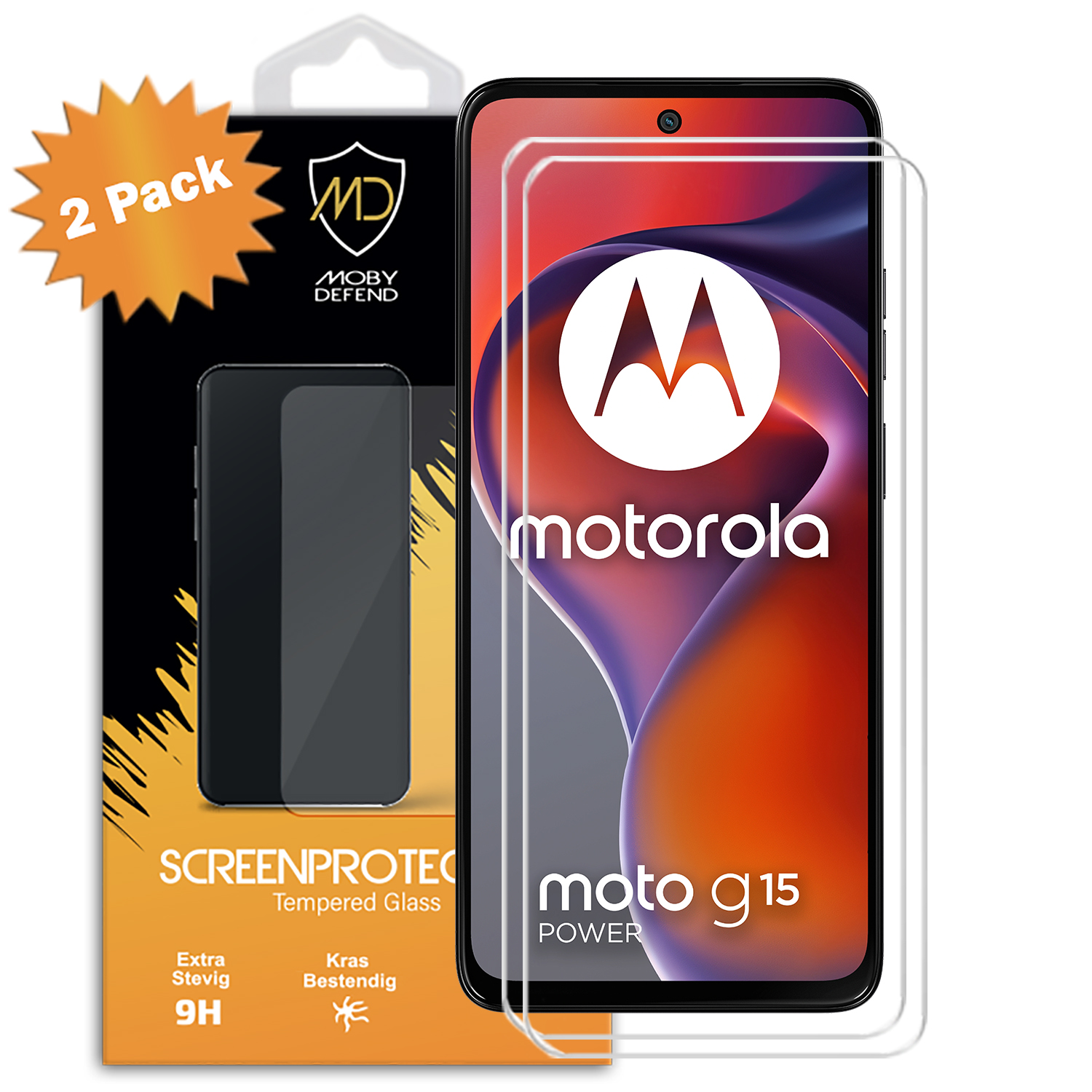 Un téléphone avec protecteur d'écran installé, une boîte avec protecteur d'écran et un logo Motorola.