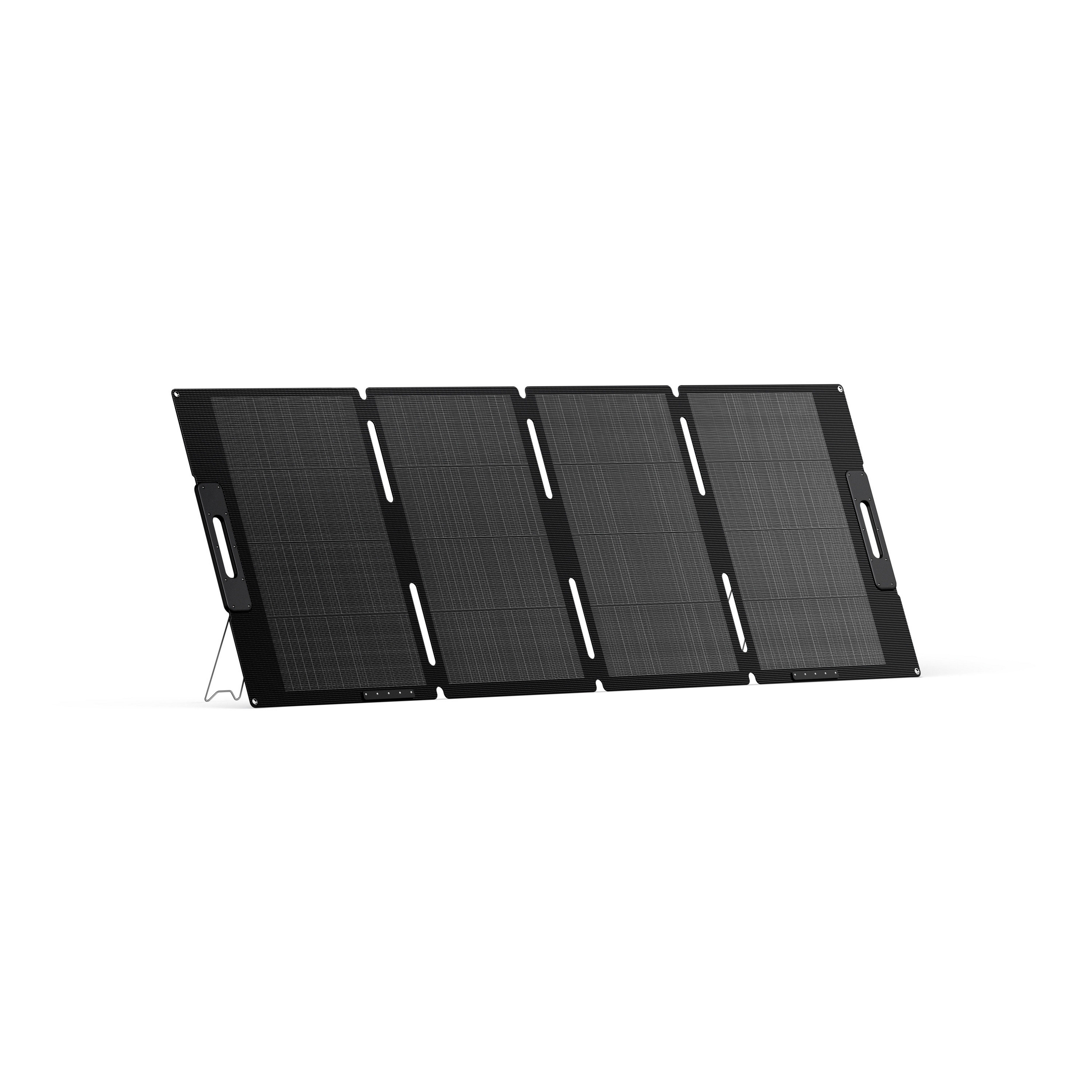 Składany panel słoneczny na białym tle. Jest czarny i ma pionowe białe linie.