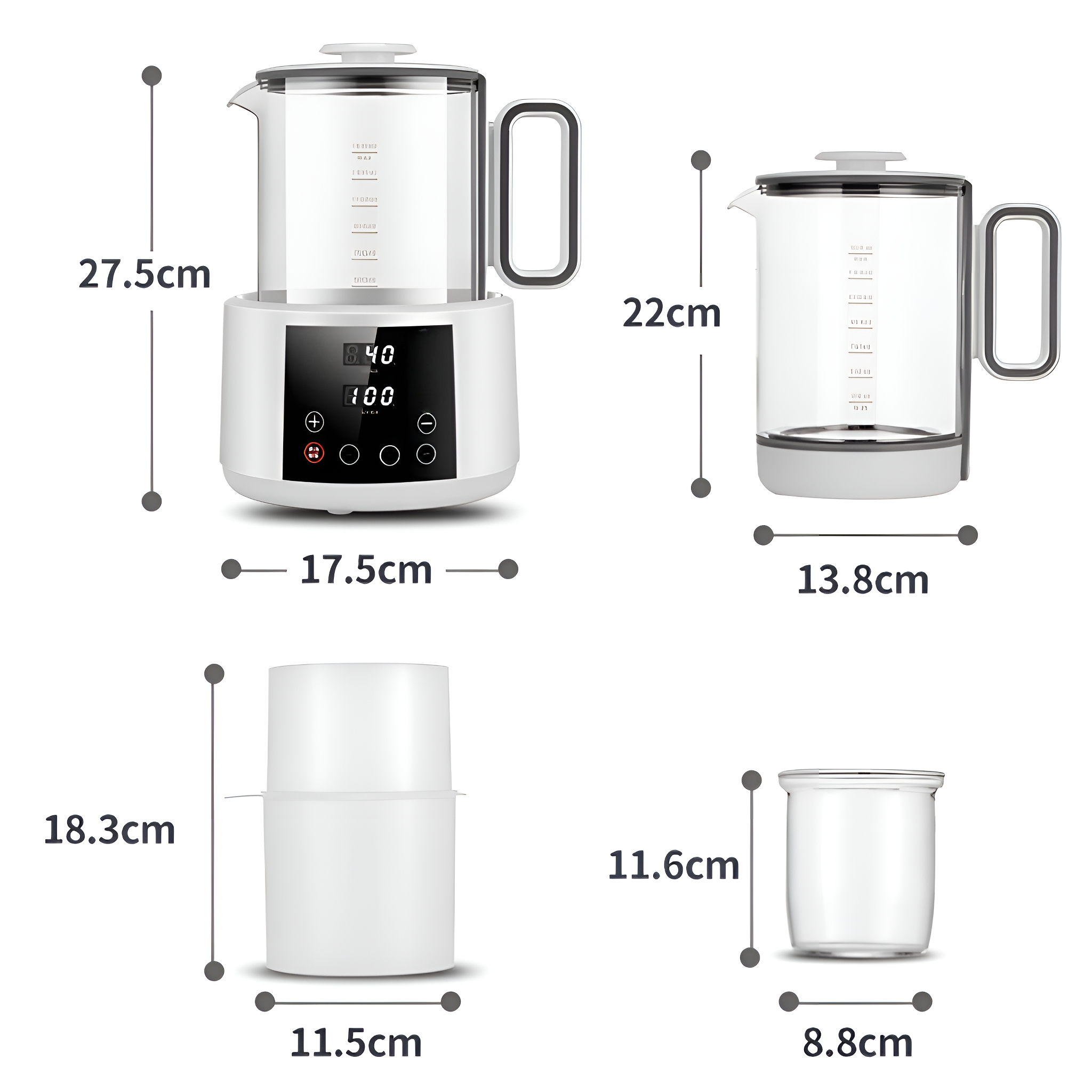 Diagramm eines Küchengeräts mit Abmessungen in Zentimetern, einschließlich Krug, Sockel und anderer Teile.