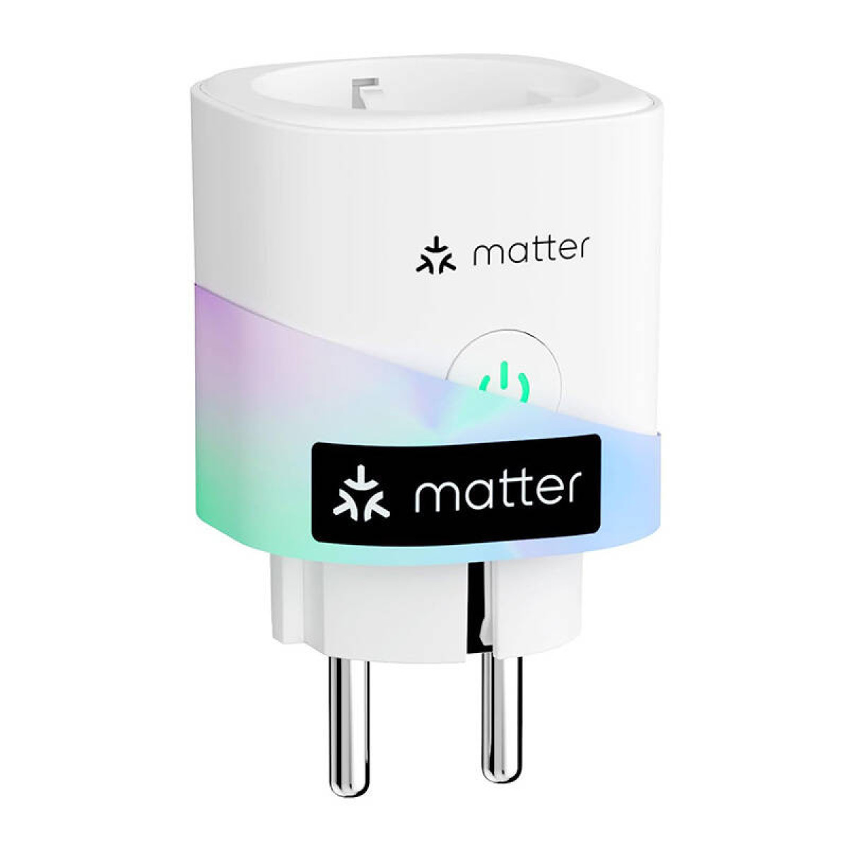 Ein weißer Smart Plug mit grünem Power-Button und Matter-Logo.