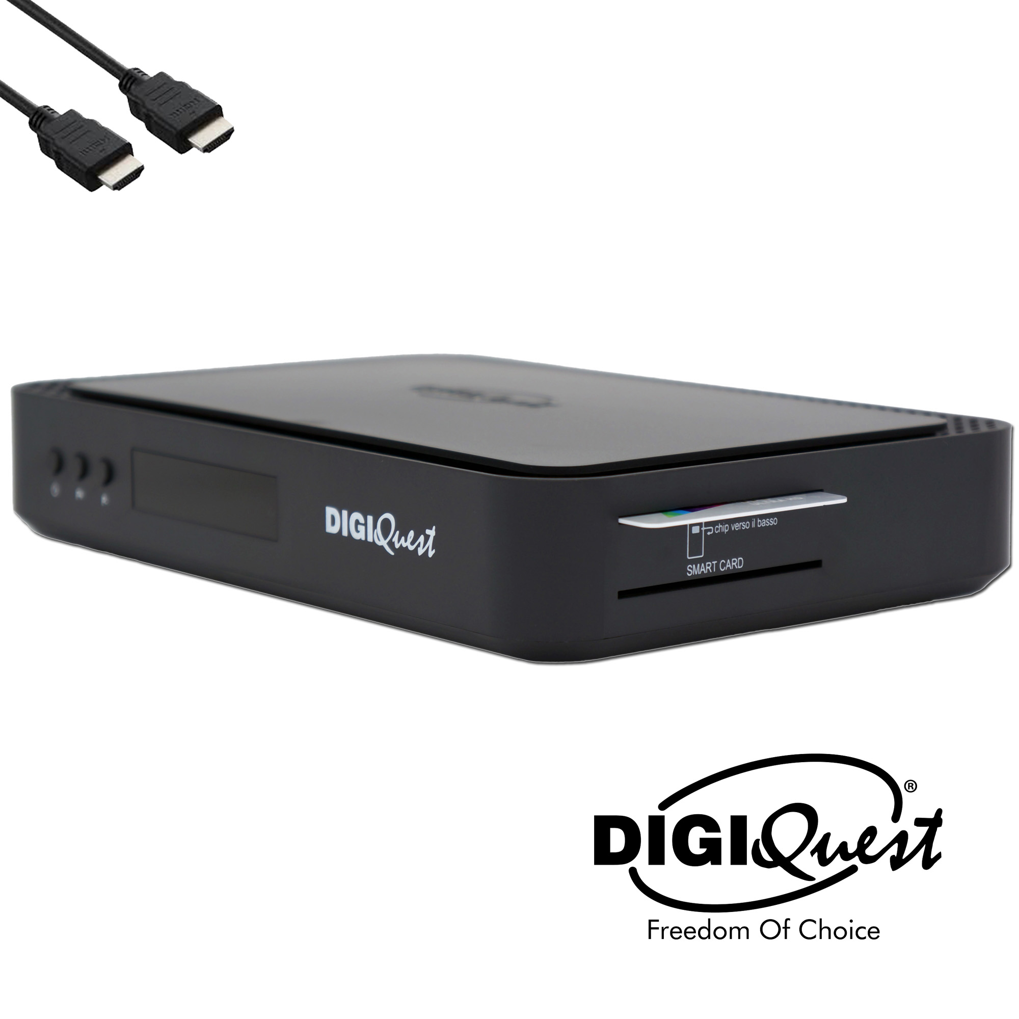 Schwarze DigiQuest Media Box mit HDMI-Kabeln. Logo und Smart Card-Steckplatz sichtbar.