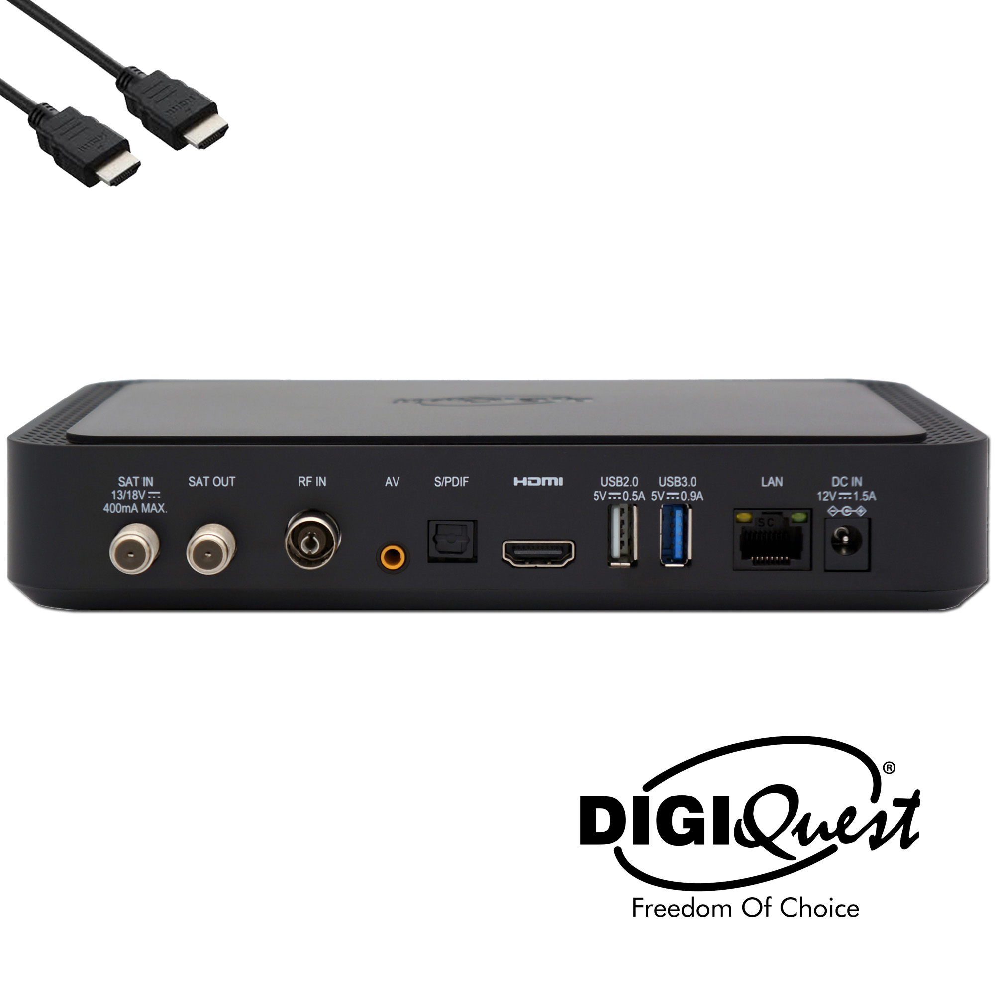 Schwarzes Gerät mit verschiedenen Anschlüssen und zwei HDMI-Kabeln oben. Das Logo DIGIQuest ist vorhanden.