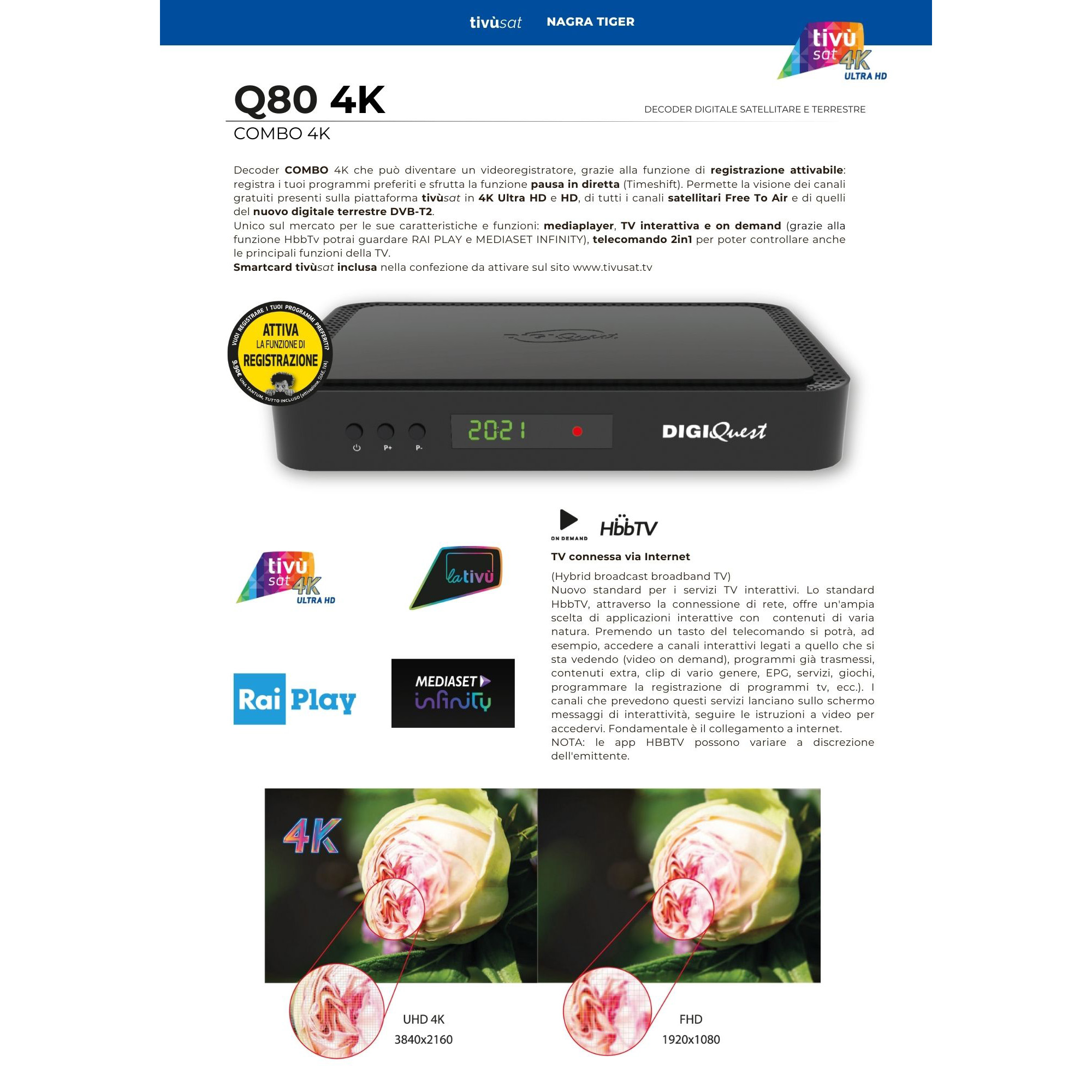 Produktbroschüre mit Texten und Bildern. Eine schwarze Set-Top-Box. Rosen und digitale TV-Bilder.