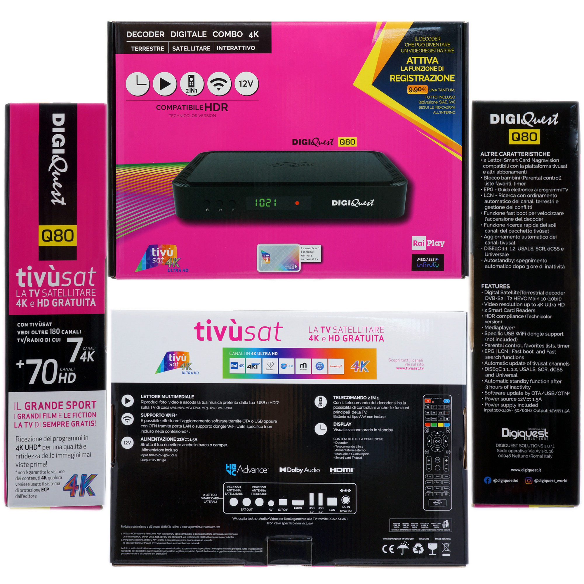 Box für einen digitalen Receiver mit Text in mehreren Sprachen. Die Box ist schwarz und pink.