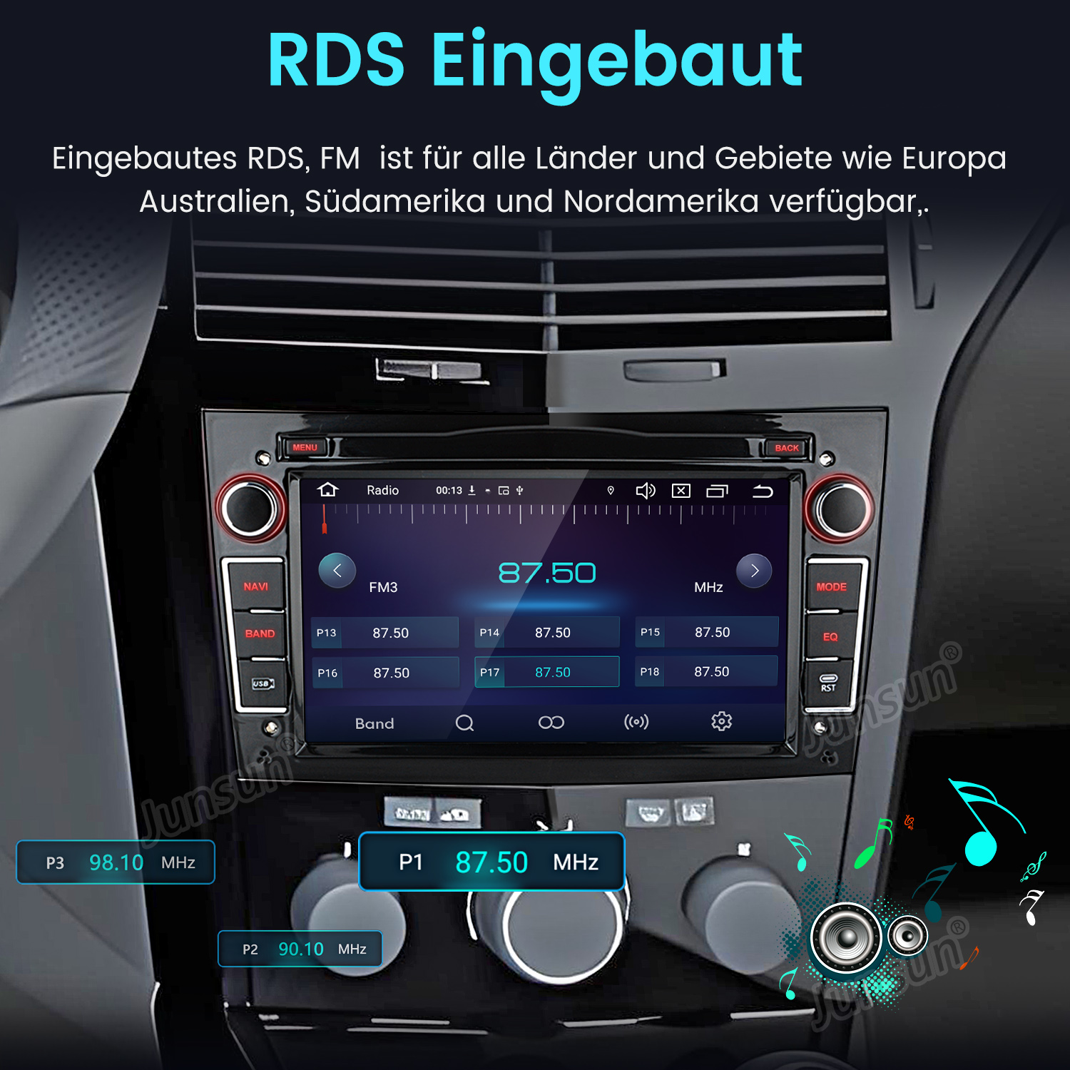 Eine Autoradio-Oberfläche zeigt eine Anzeige mit Radioinformationen. Knöpfe und Drehregler umgeben den Bildschirm.