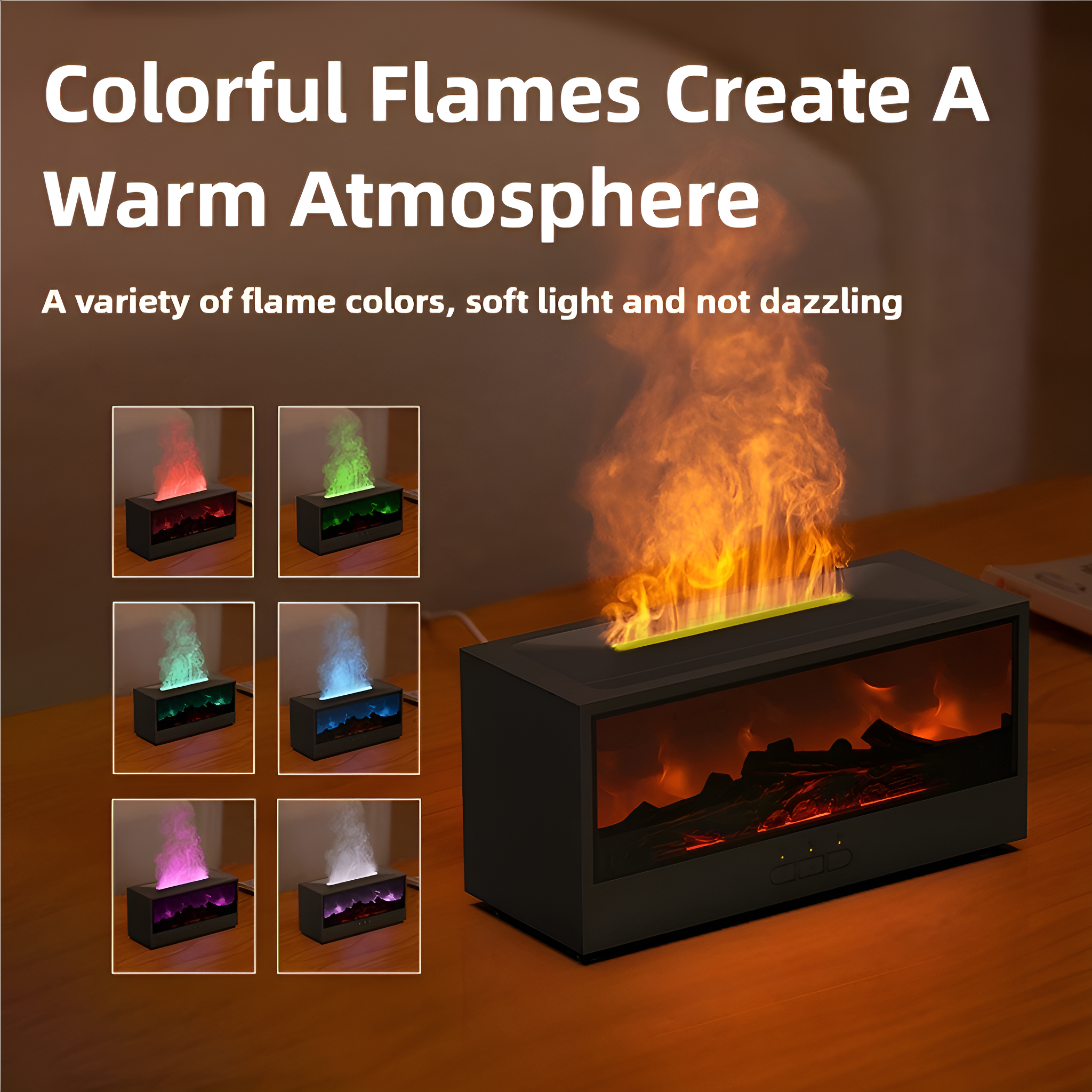 Schwarzes Gerät mit bunten Flammen, das eine warme Atmosphäre schafft, mit einer Vielzahl von Flammenfarben.