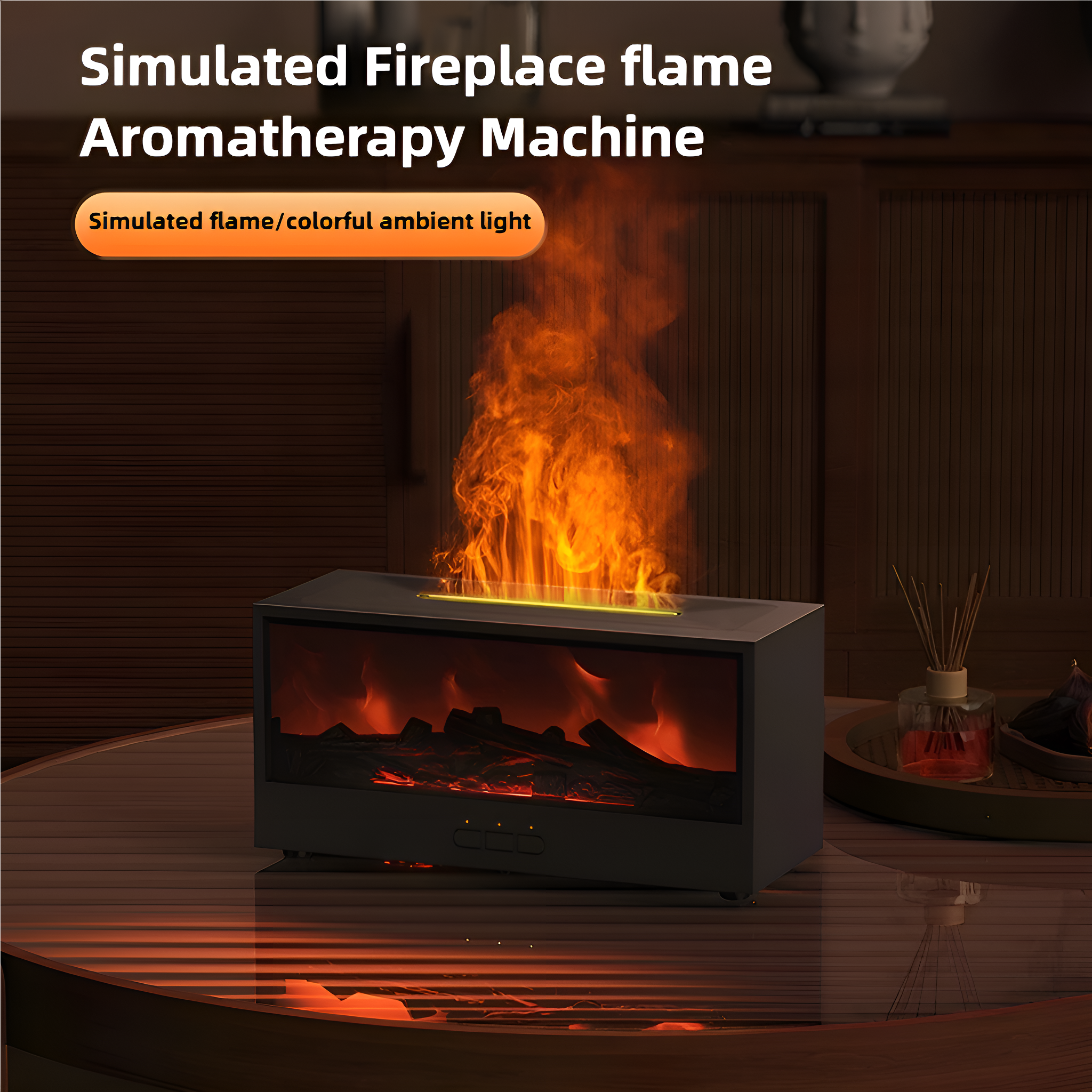 Eine schwarze, kaminförmige Aromatherapie-Maschine mit simuliertem Flammeneffekt.