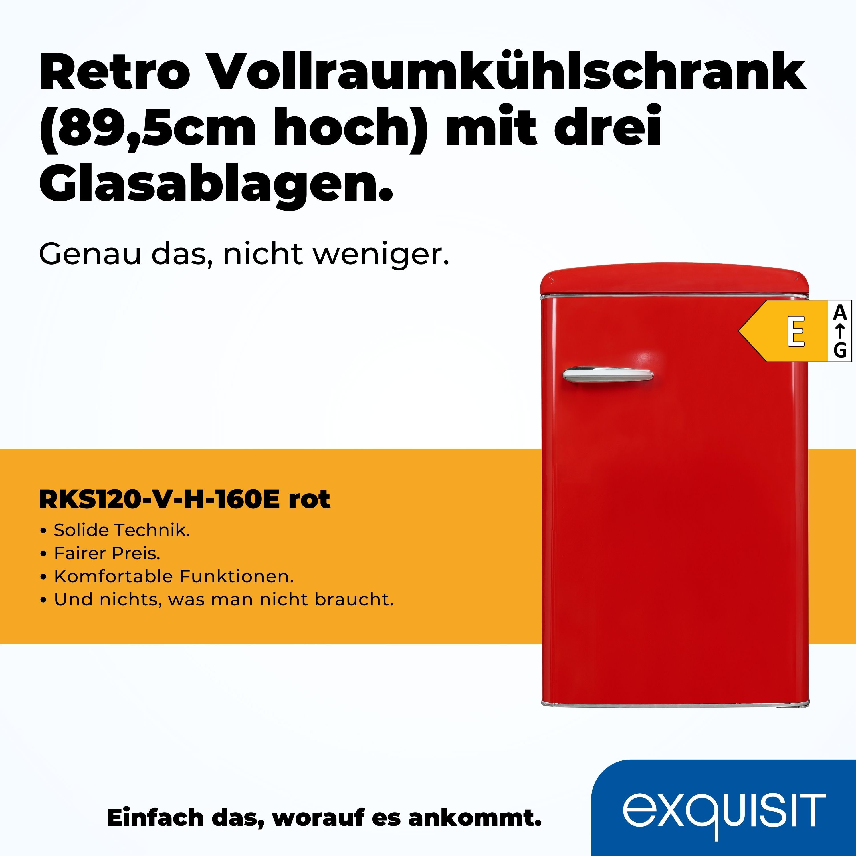 Ein roter Retro-Kühlschrank mit drei Regalen. Das Energielabel befindet sich oben rechts. Weißer Hintergrund.