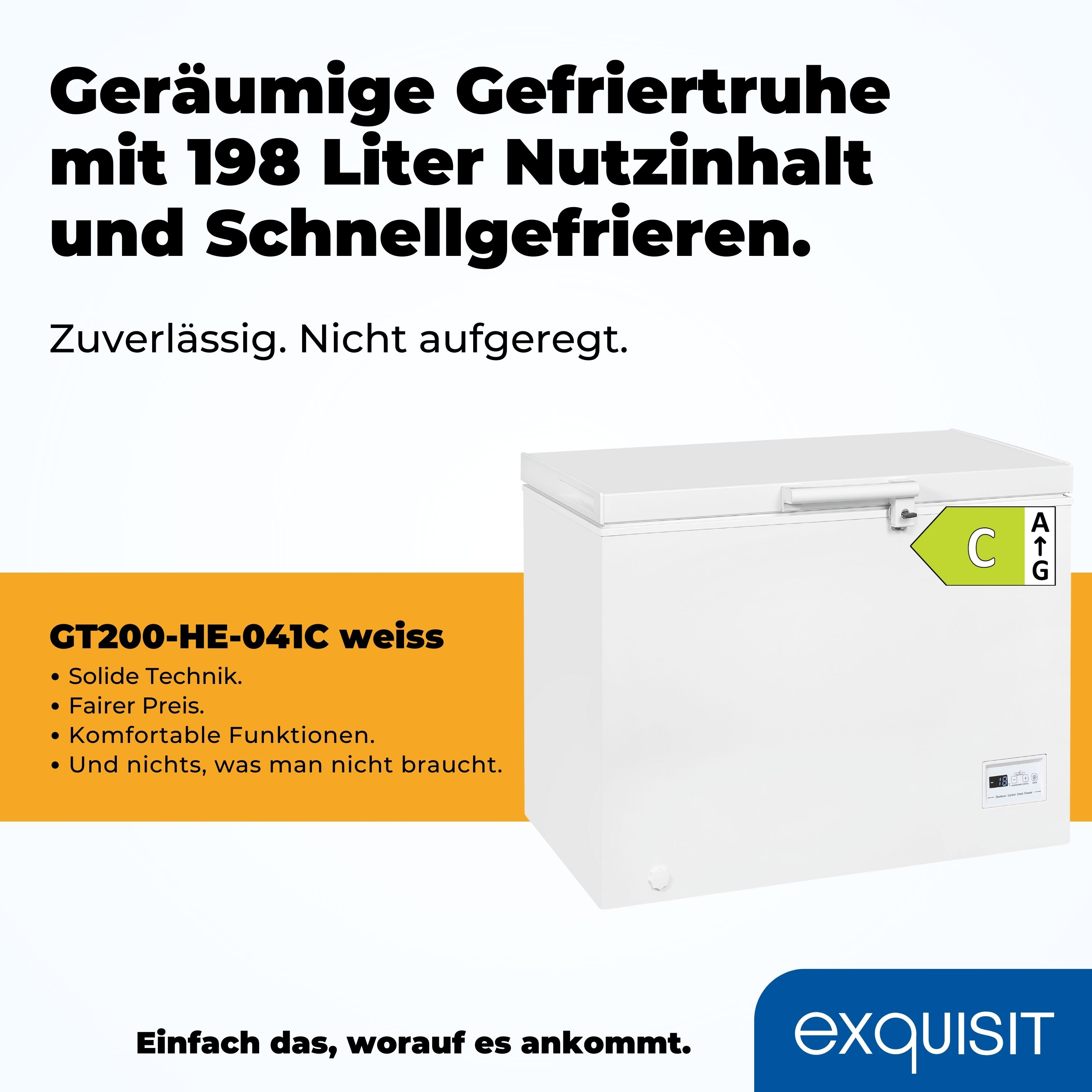 Weiße Gefriertruhe mit deutschem Text.