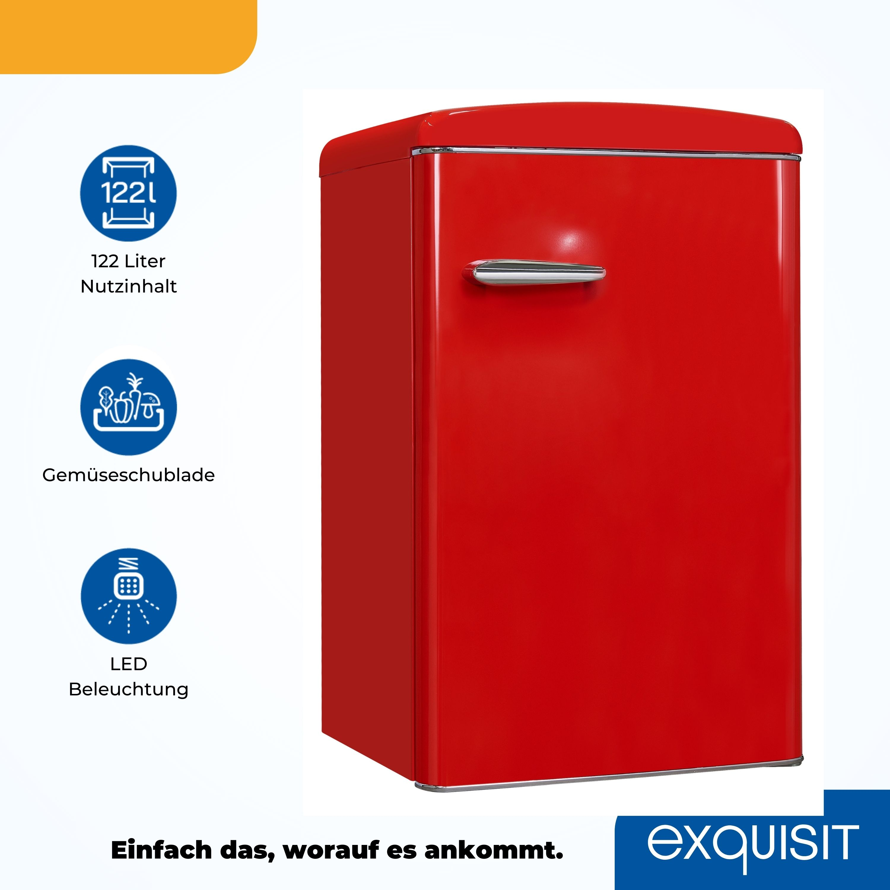 Roter Retro-Minikühlschrank mit Textetiketten. Weißer Hintergrund. Tür geschlossen.