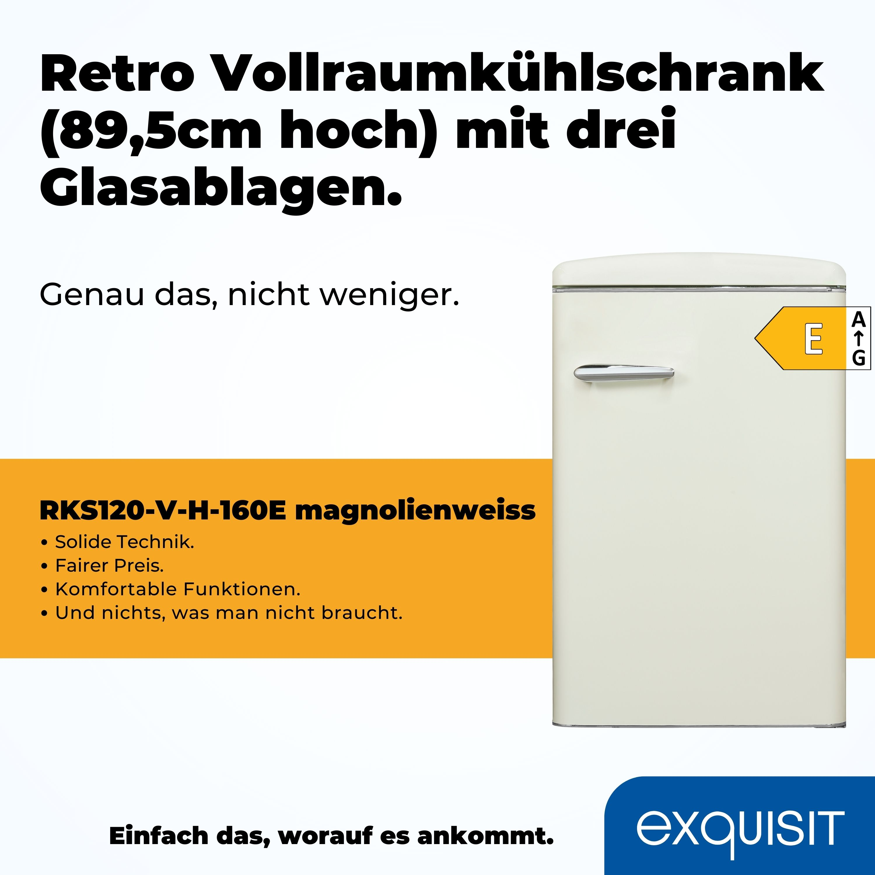Cremefarbener Retro-Kühlschrank mit Energieeffizienzlabel.