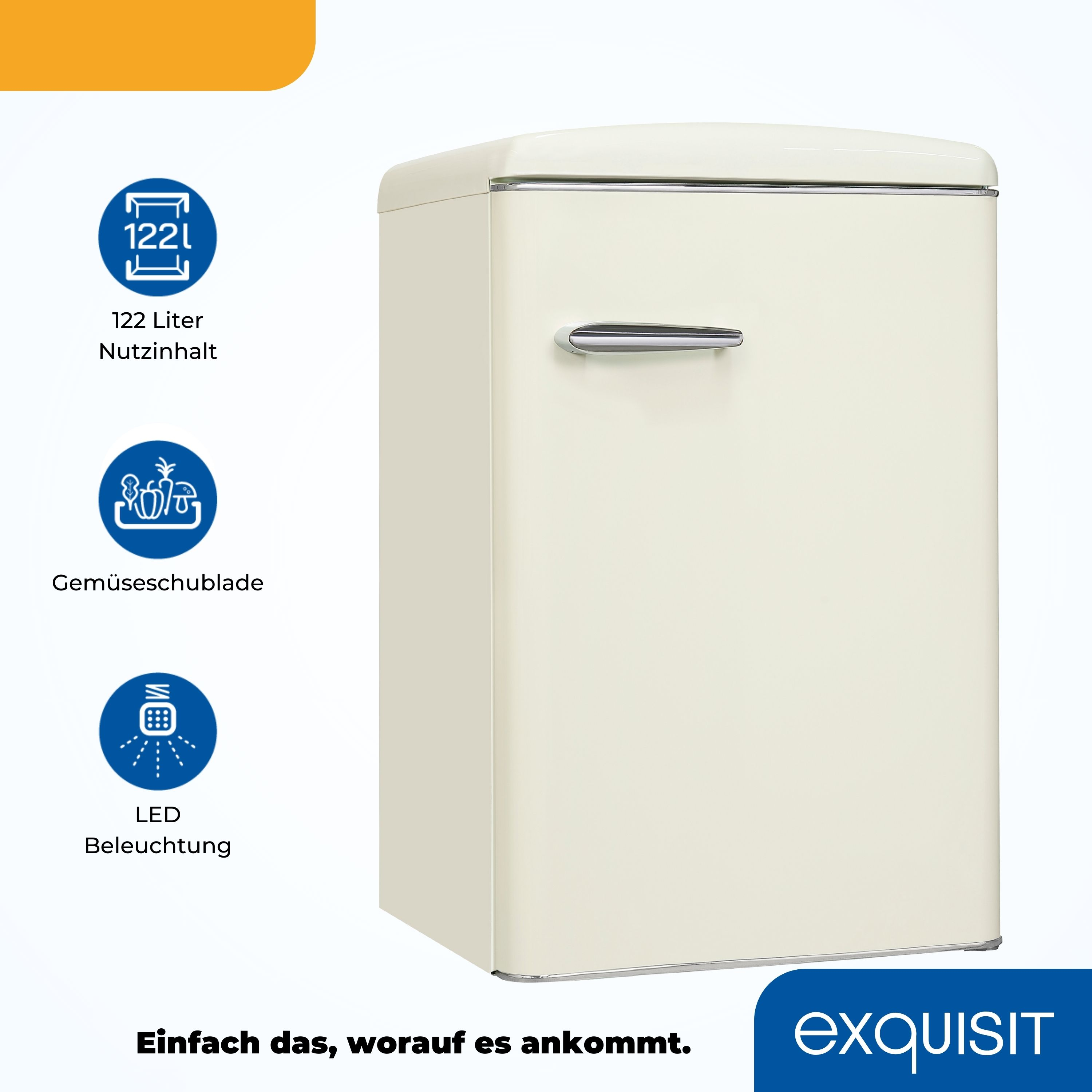 Cremefarbener Kühlschrank im Retro-Stil mit Etiketten, die Merkmale und Inhalte anzeigen.