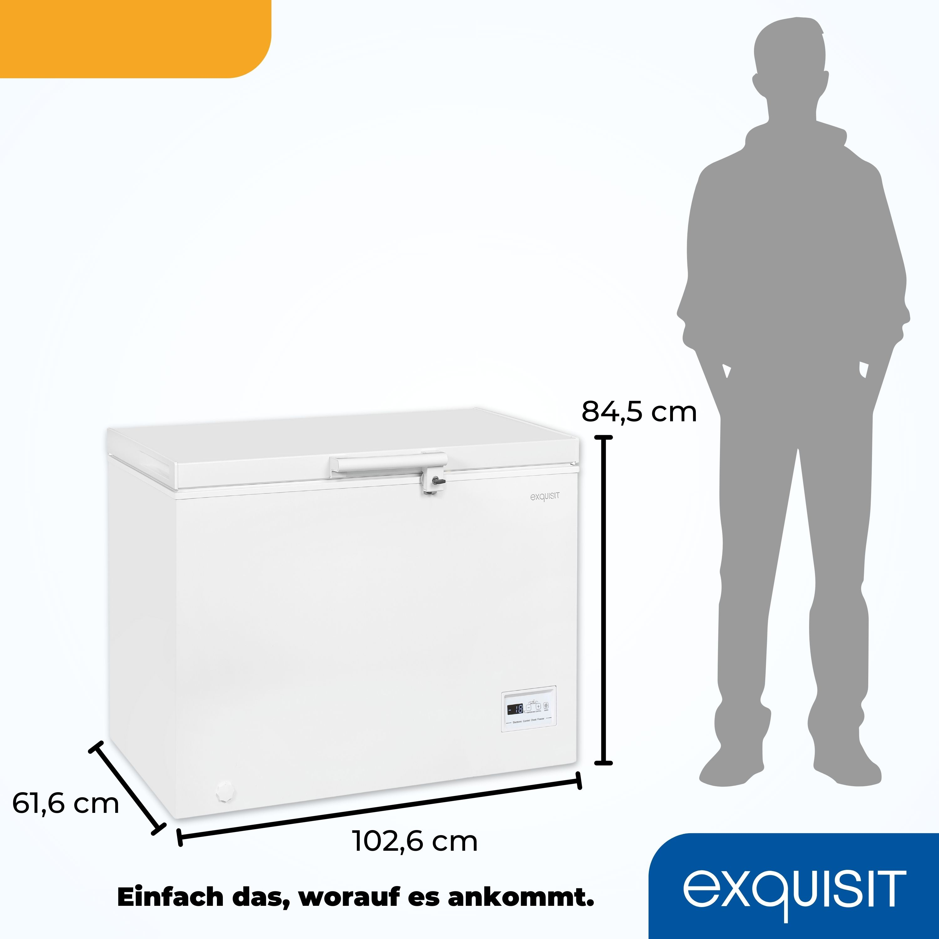 Eine weiße Truhen-Gefriertruhe mit Abmessungen, neben der Silhouette einer Person gezeigt.