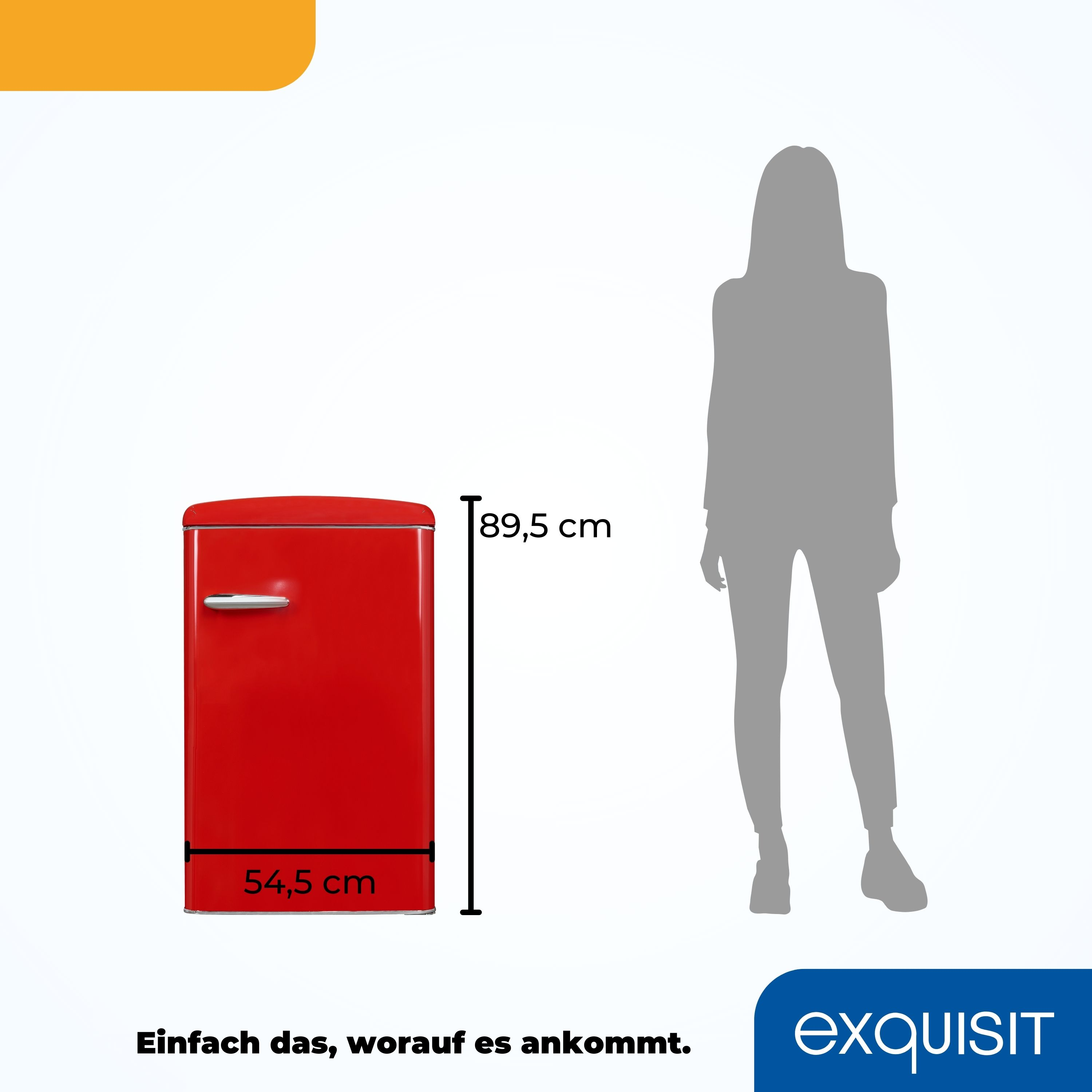 Roter Retro-Kühlschrank mit Maßen, rechts steht eine Personensilhouette.