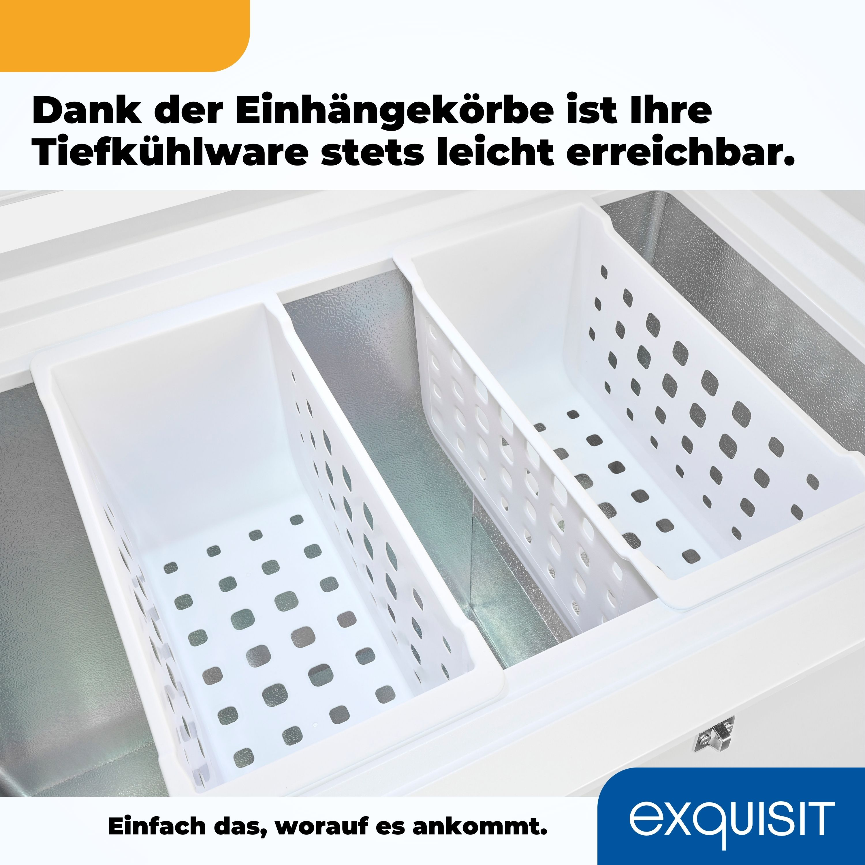 Weißer Gefrierschrank mit zwei weißen Körben. Text auf Deutsch.