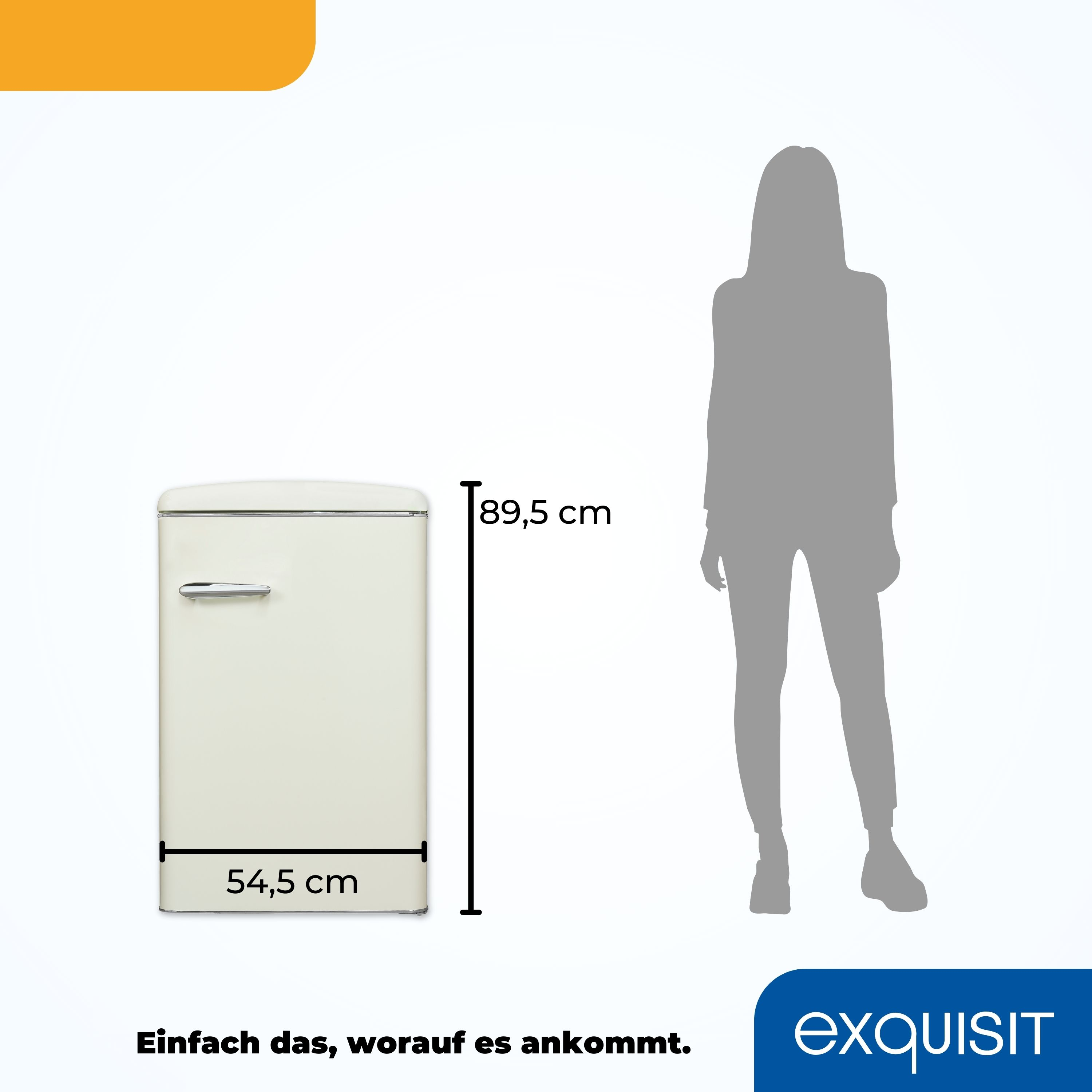 Cremefarbener Retro-Kühlschrank mit Maßen und Personensilhouette.
