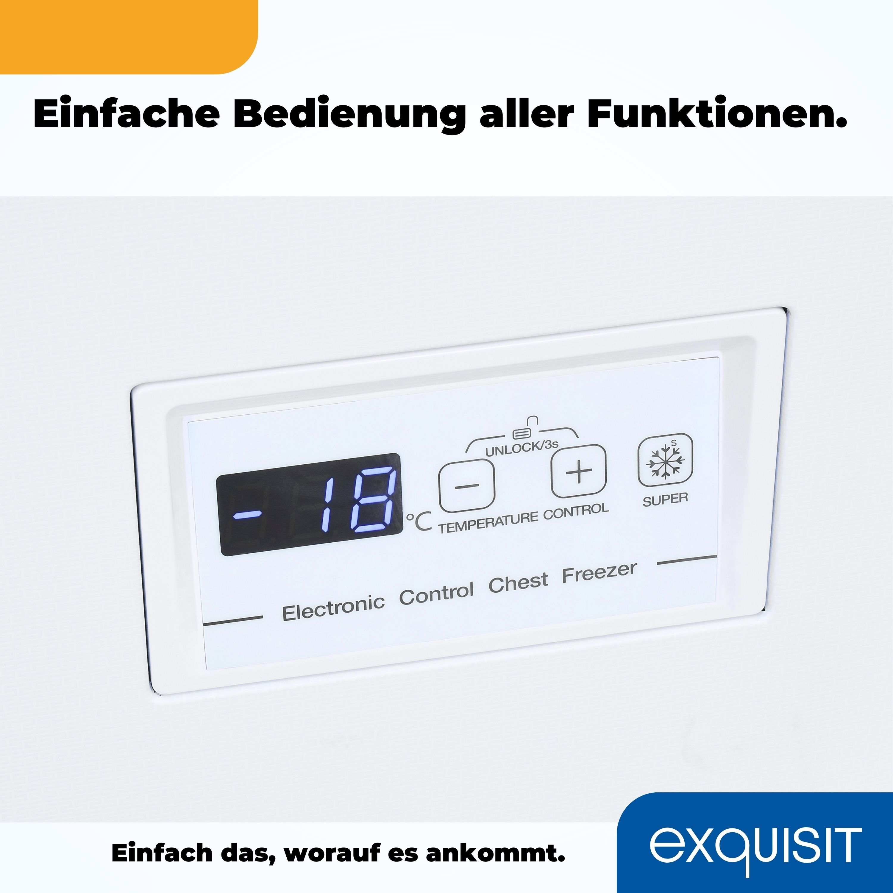 Eine weiße Truhengefriertruhe mit digitalem Bedienfeld, das -18°C anzeigt. Text: Electronic Control Chest Freezer.