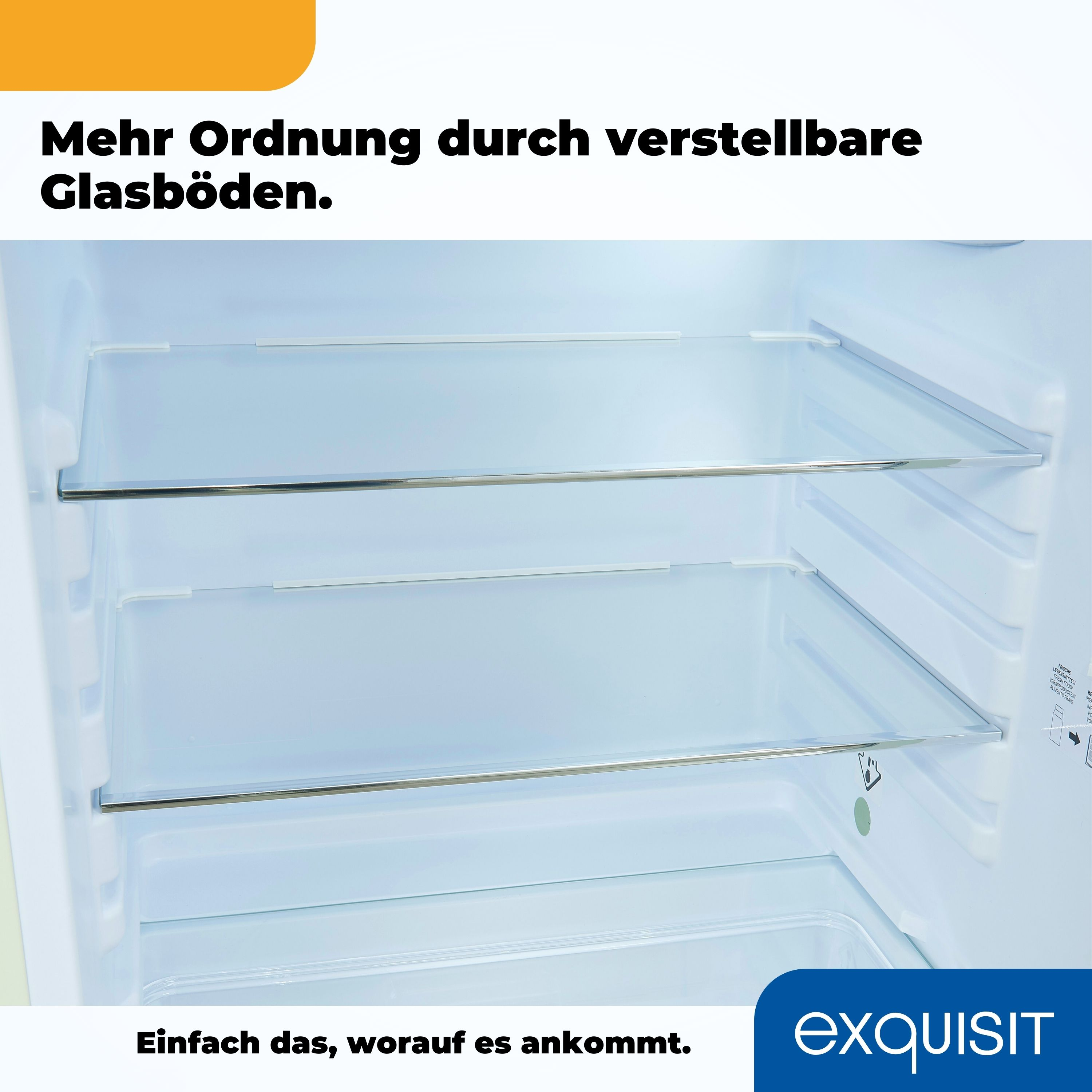 Kühlschrankinnenraum mit Glasböden. Die Regale sind verstellbar und im Kühlschrank positioniert.