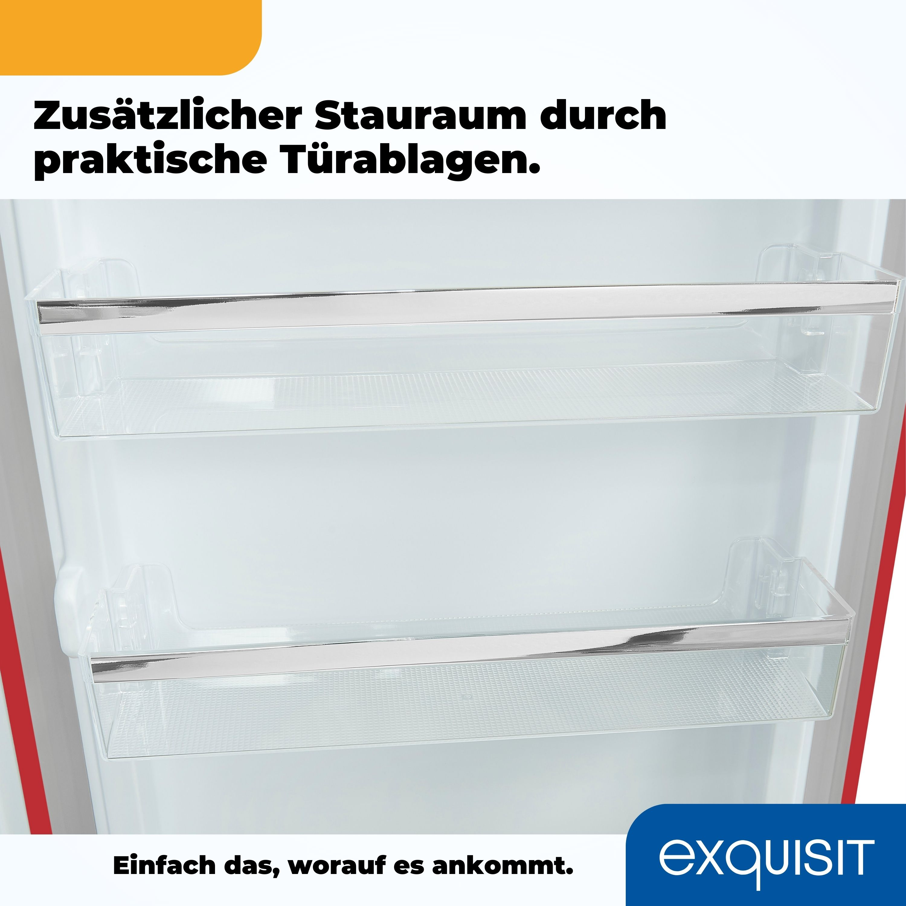Kühlschrankinnenraum mit transparenten Regalen und roter Verkleidung an den Seiten.
