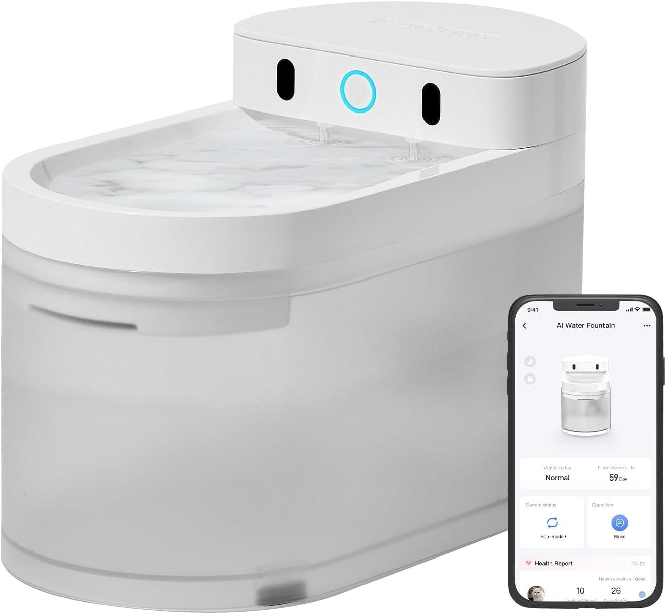 White pet water fountain with app display showing water status and filter life.