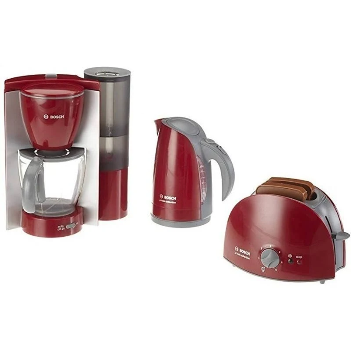 Ein rotes Spielzeug-Küchenset mit Kaffeemaschine, Wasserkocher und Toaster auf weißem Hintergrund.