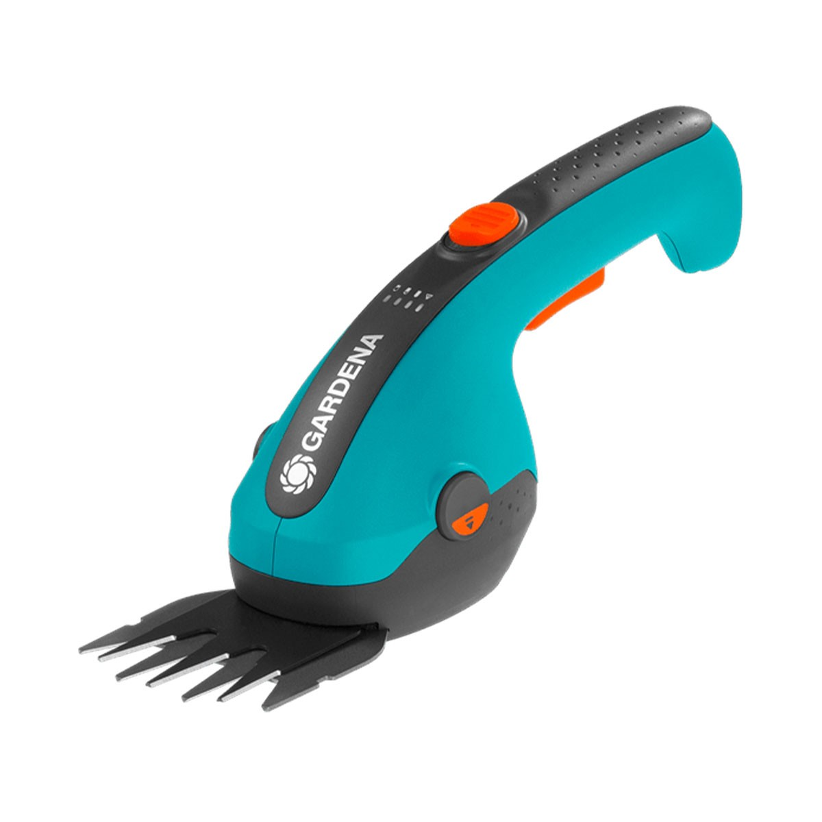 Ein türkis-schwarzer elektrischer Trimmer mit orangefarbener Taste und schwarzer Schneideklinge, auf weißem Hintergrund.