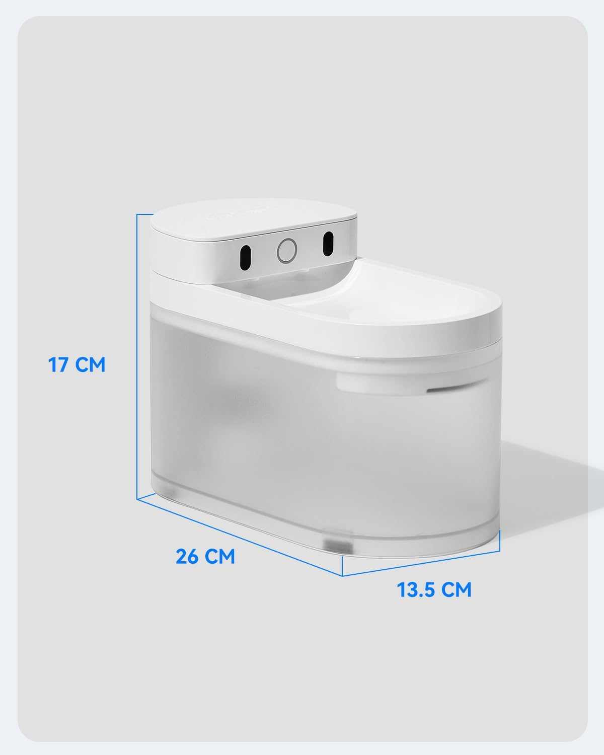 White pet water dispenser with dimensions shown. It is oval and has a top with holes.