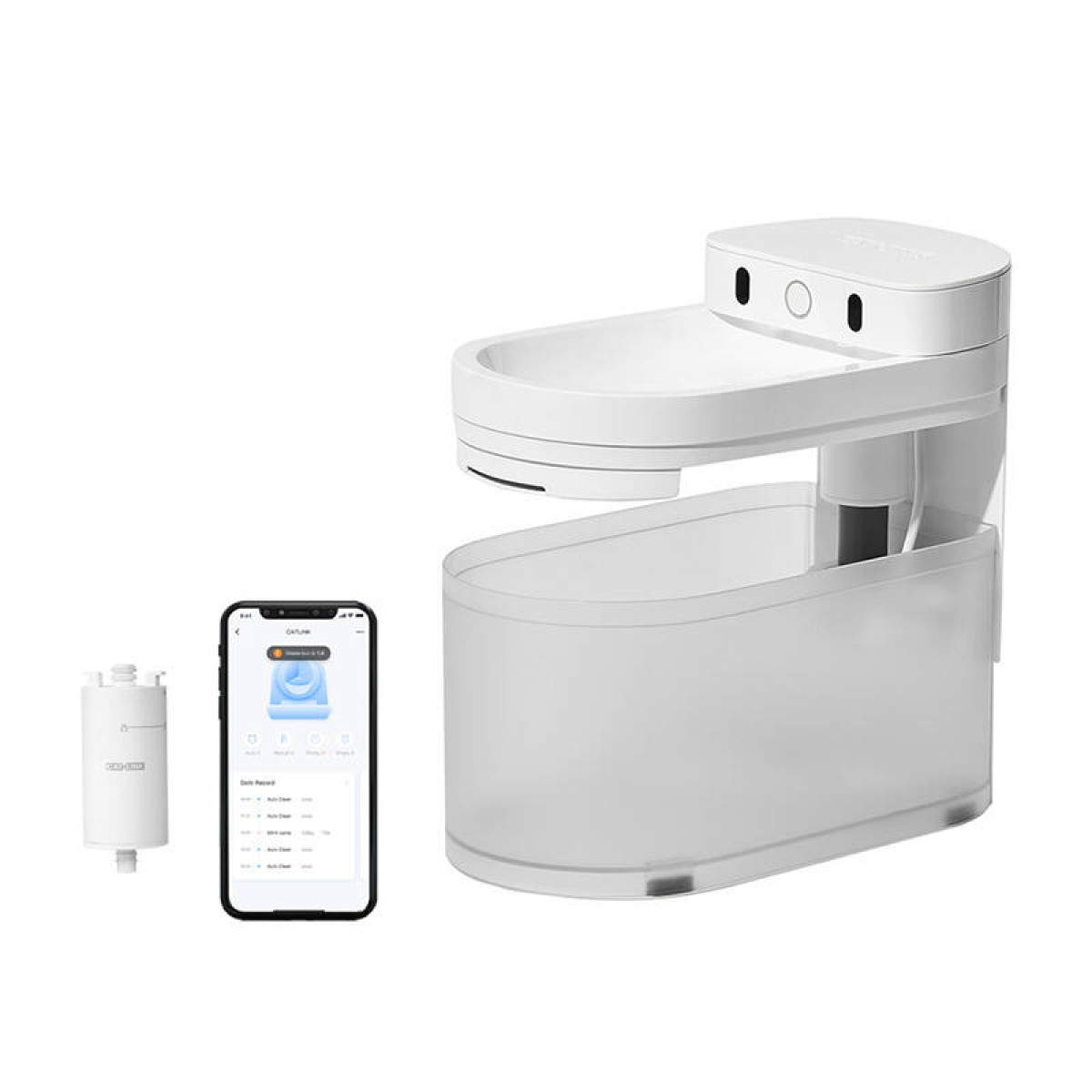 White pet water fountain with a phone showing an app. A filter is placed on the left.