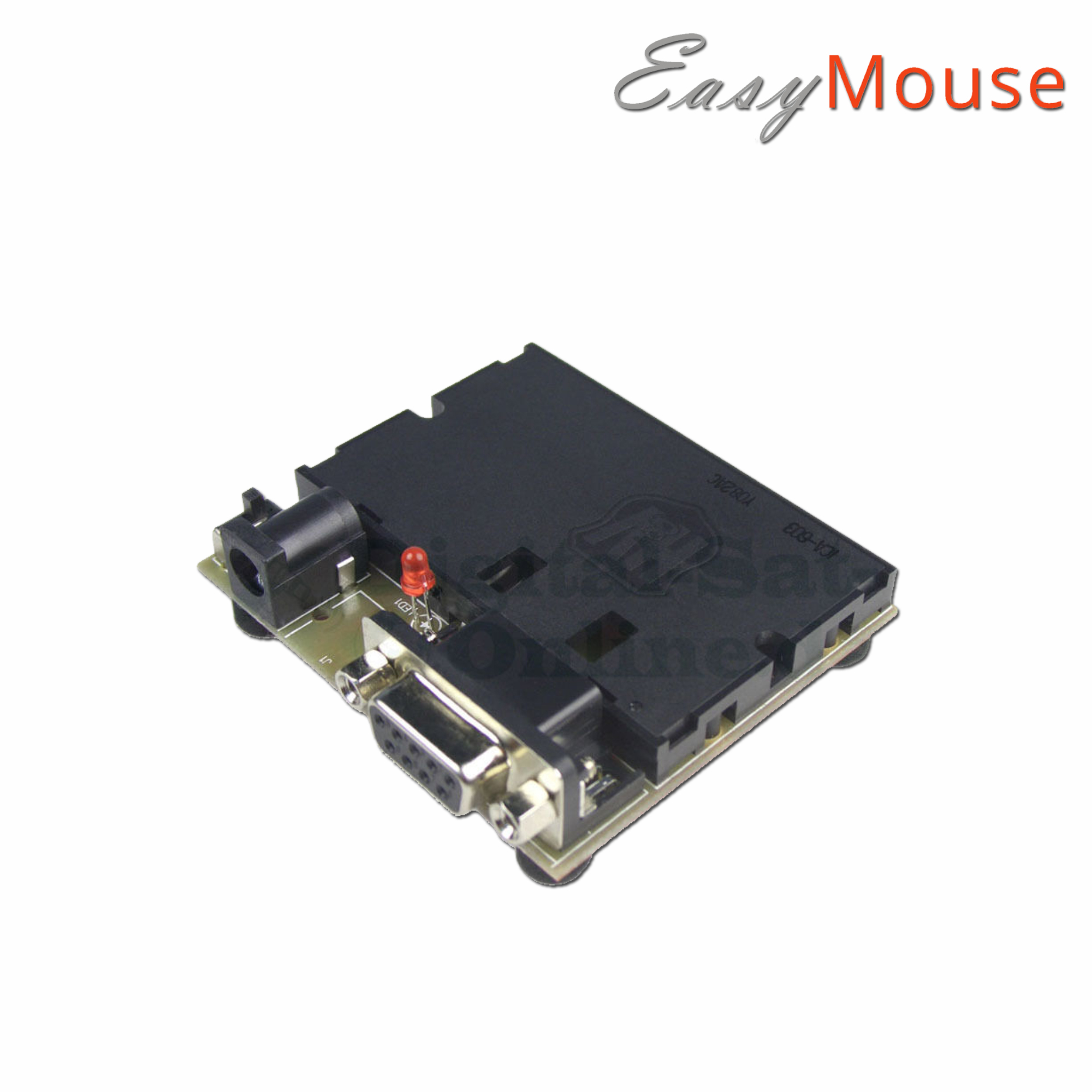 Ein schwarzes elektronisches Gerät mit einem Anschluss und einem roten Licht, beschriftet mit Easy Mouse.