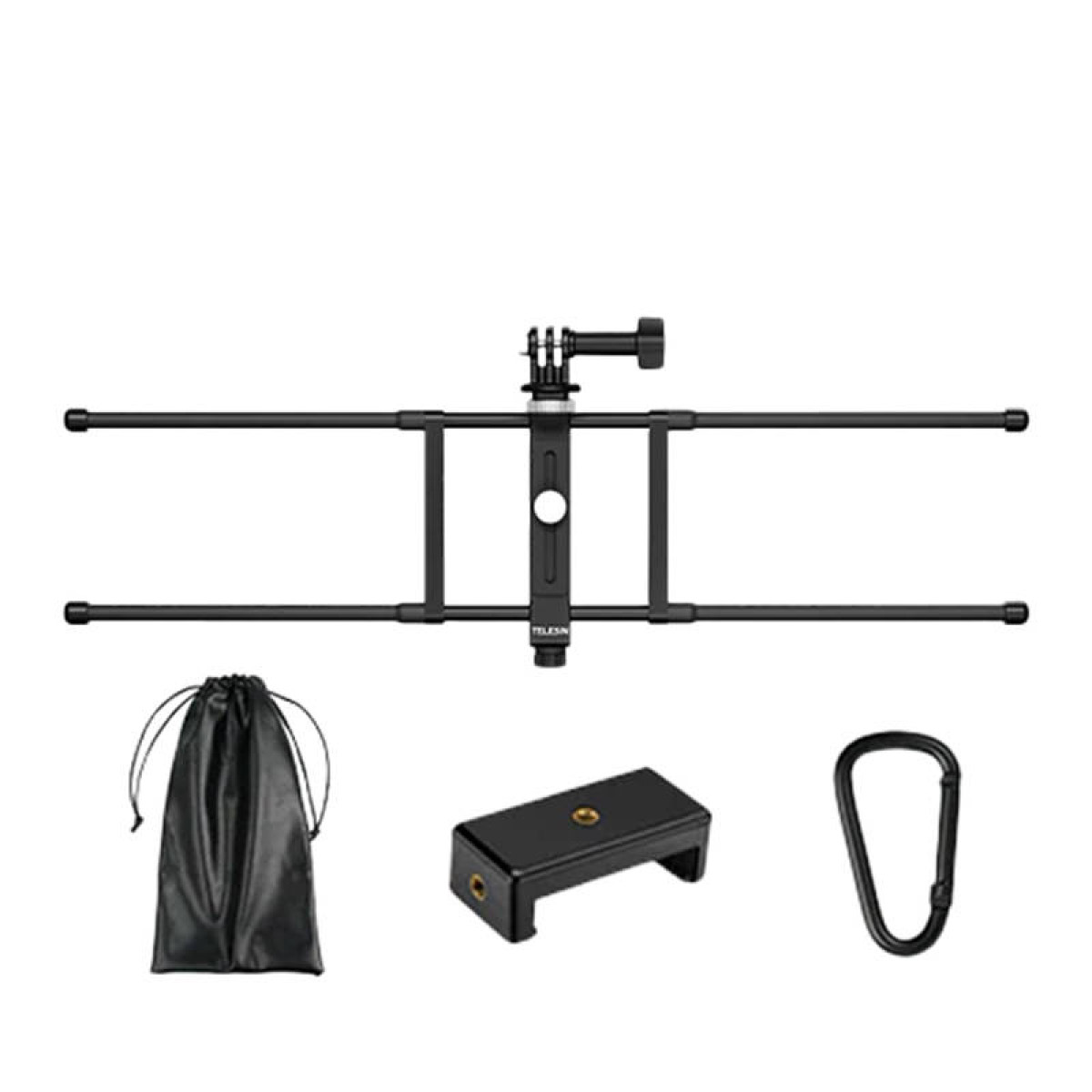Ein Kamera-Stabilisierungs-Kit mit Tasche, Halterung und Karabiner.