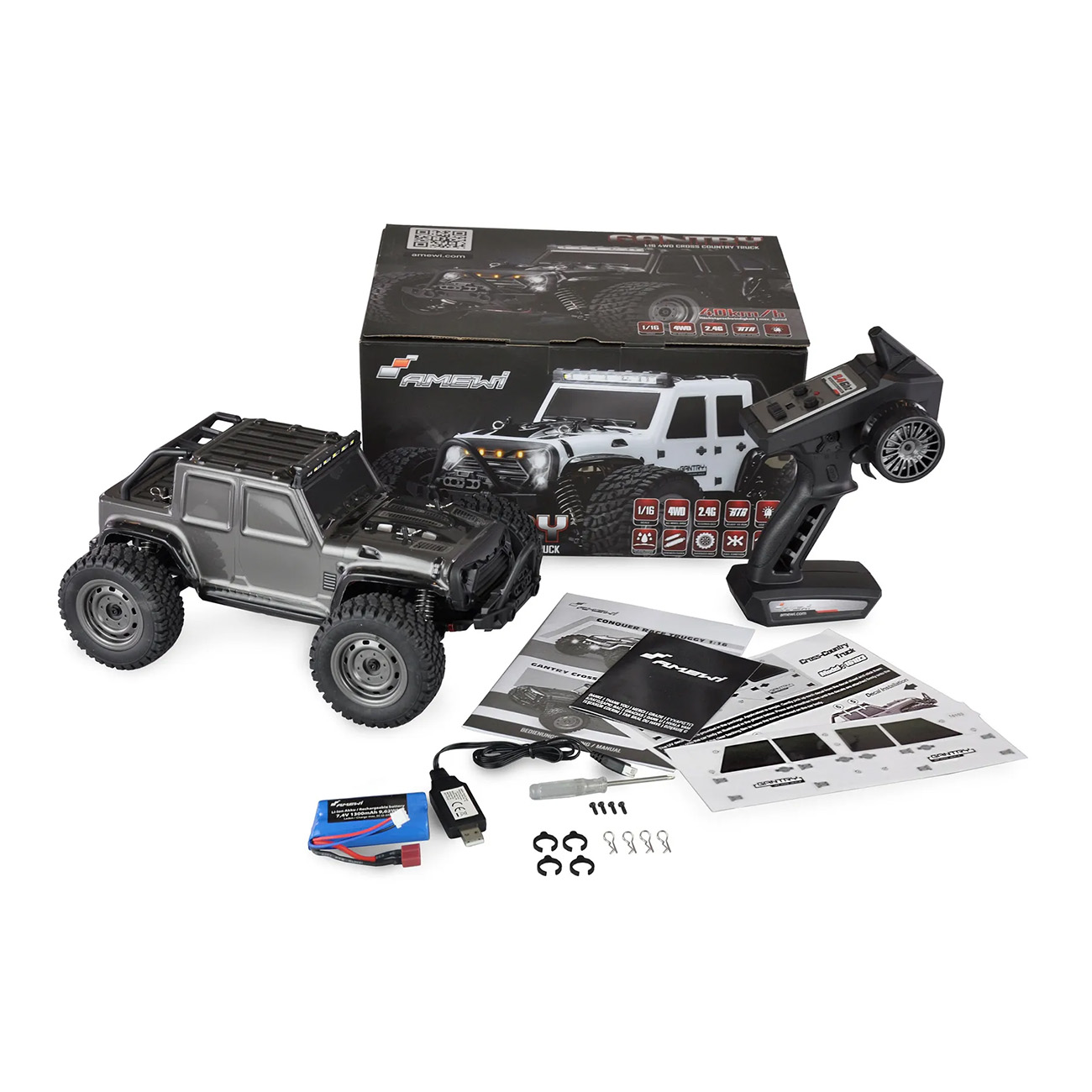 Set de coche RC con camioneta gris, controlador y accesorios, la caja muestra una camioneta blanca.