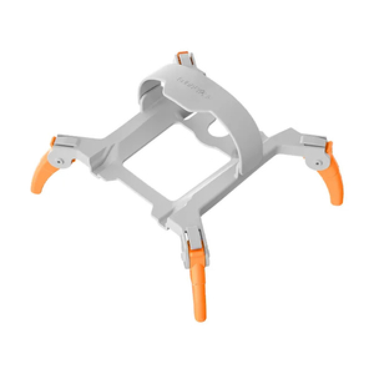 Carrello di atterraggio per droni bianco e arancione. Ha quattro gambe e un corpo centrale.