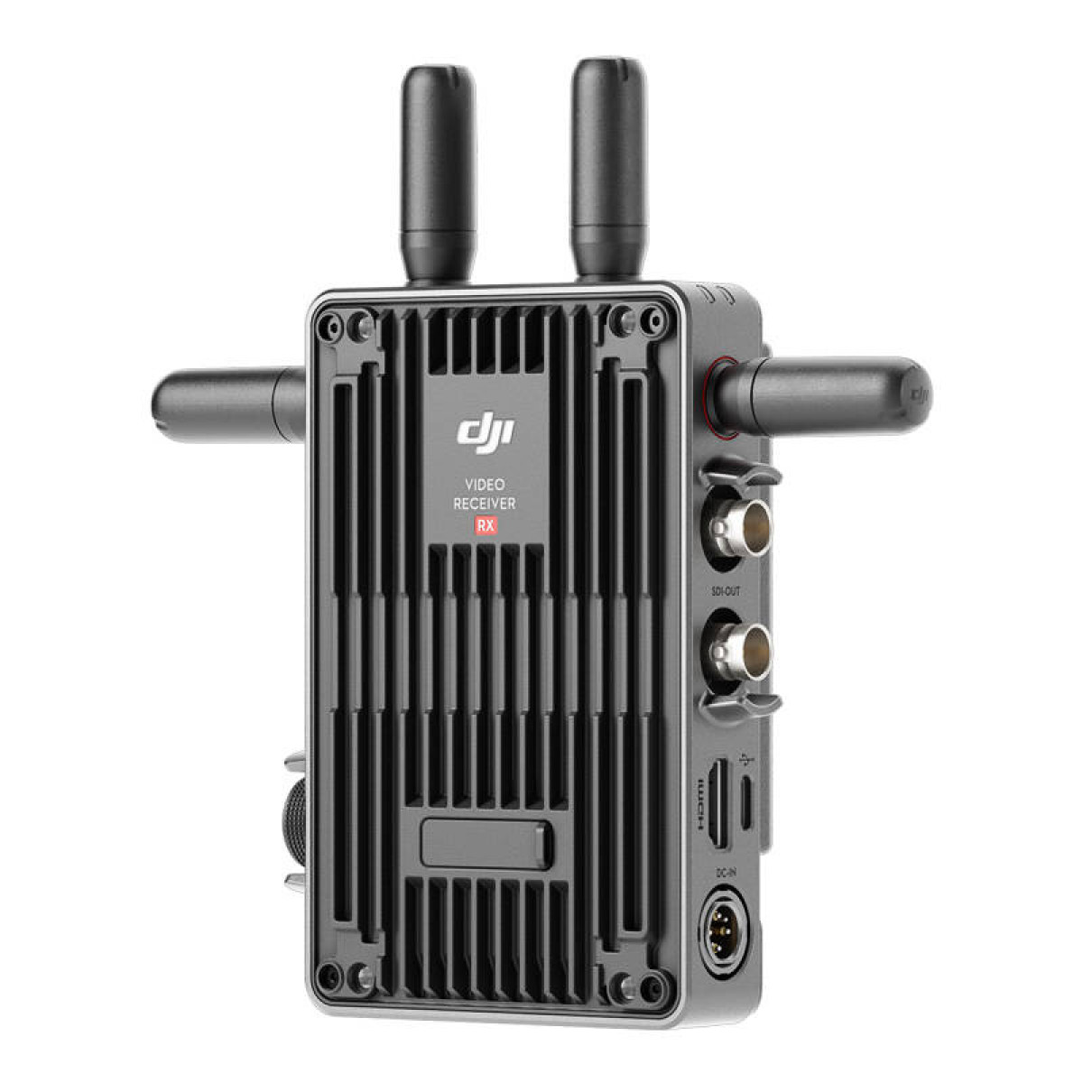 Ricevitore video DJI nero con antenne e porte. Mostra il logo DJI.