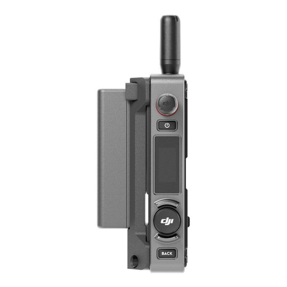 Un dispositivo grigio con schermo, pulsanti e antenna. Ha una batteria collegata.
