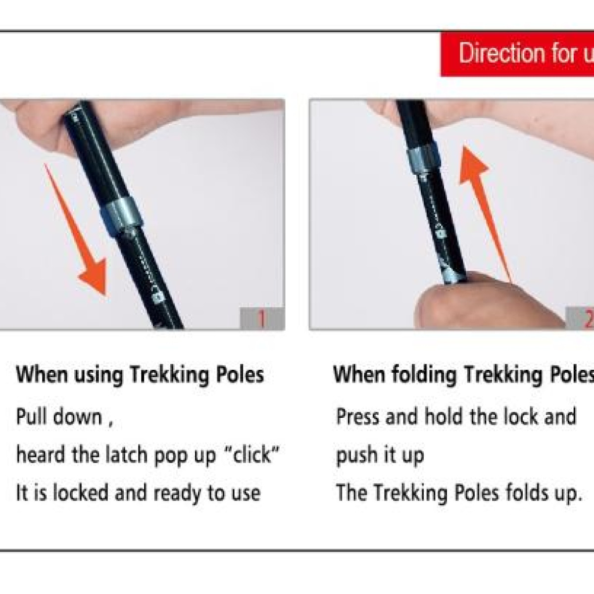 Instrukcje składania kijków trekkingowych. Ręka z strzałkami.