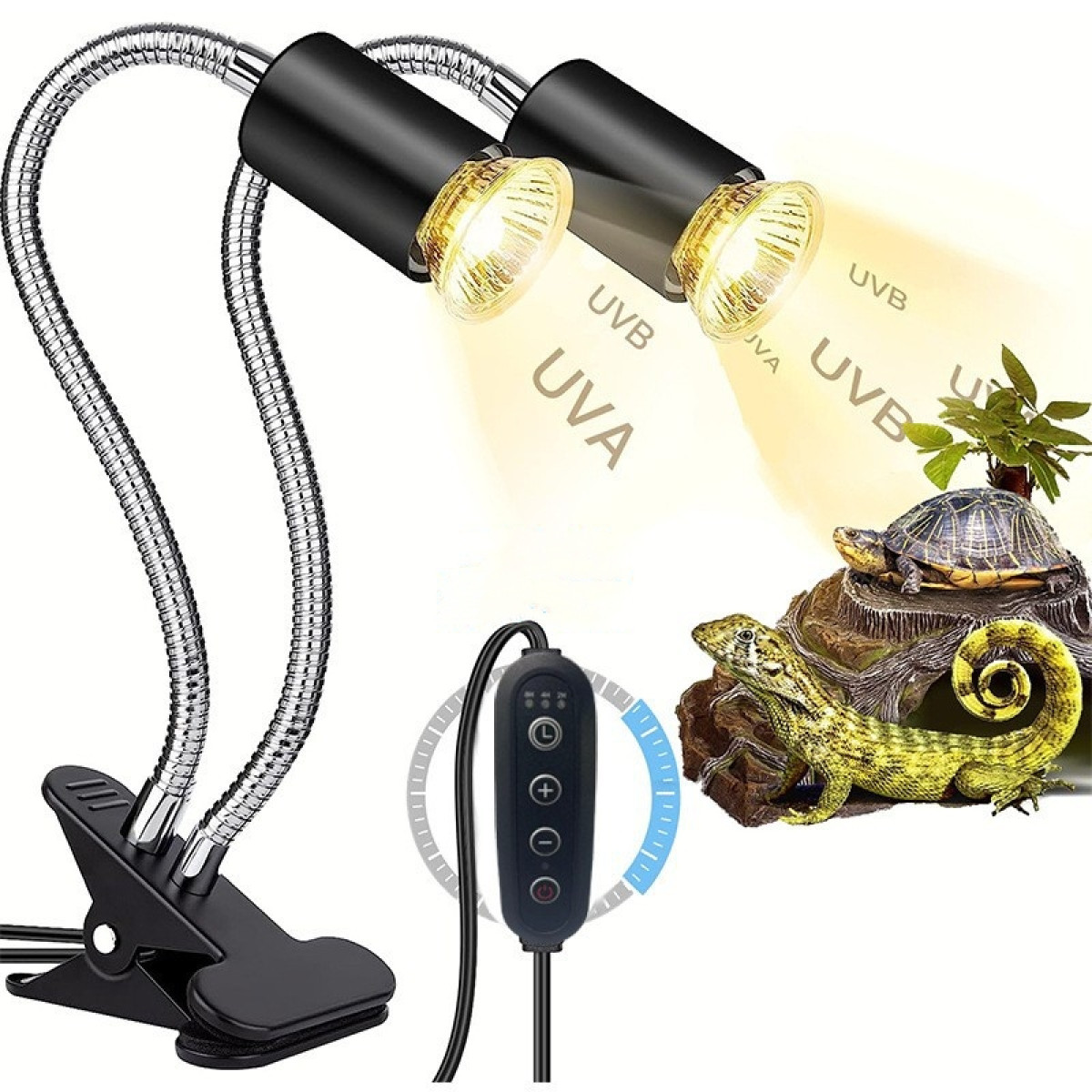 Zwei Lampen mit biegsamen Hälsen, Klemmfuß und Fernbedienung. Ein Eidechsen- und Schildkrötendekor.