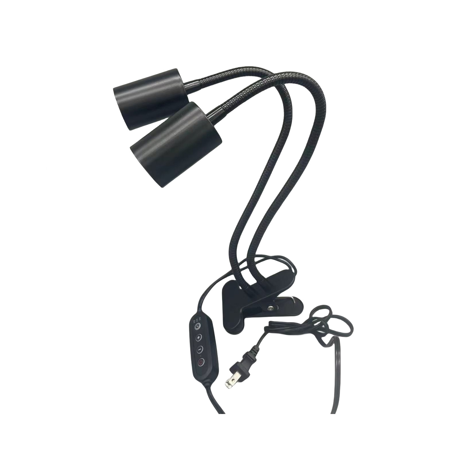 Schwarze Schreibtischlampe mit zwei verstellbaren Köpfen, einem Clip und einem Netzkabel.