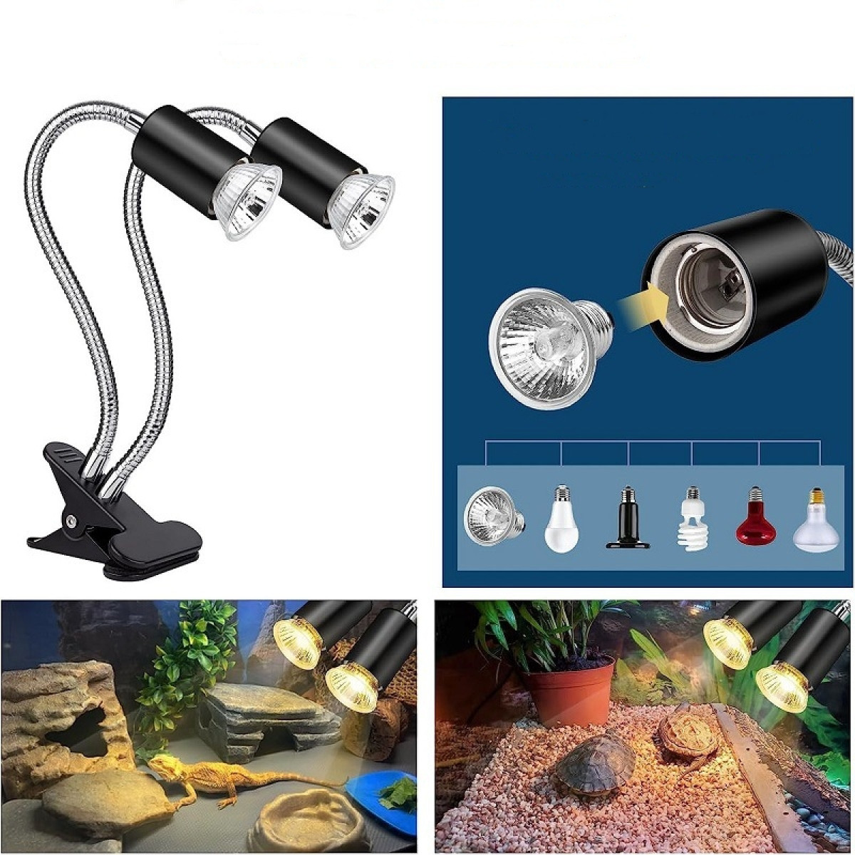 Ein Reptilienlampen-Set mit zwei Lampen und einem Clip. Verschiedene Glühlampentypen werden gezeigt.